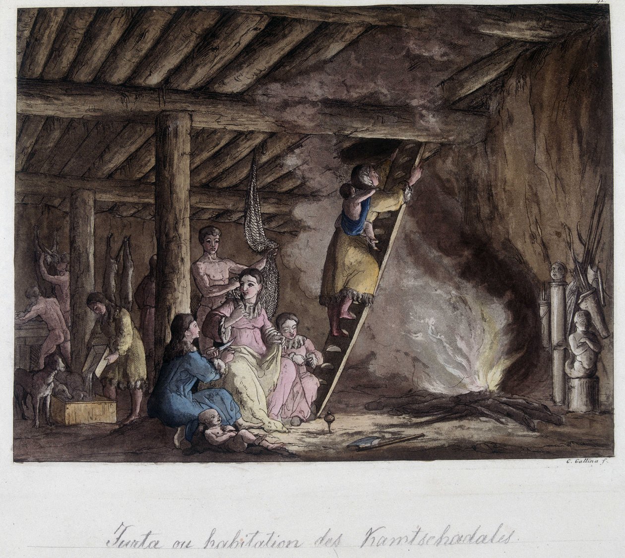 Beboelse af Kamtschadales, Sibirien. I ""Det gamle og moderne kostume"" af Unknown artist