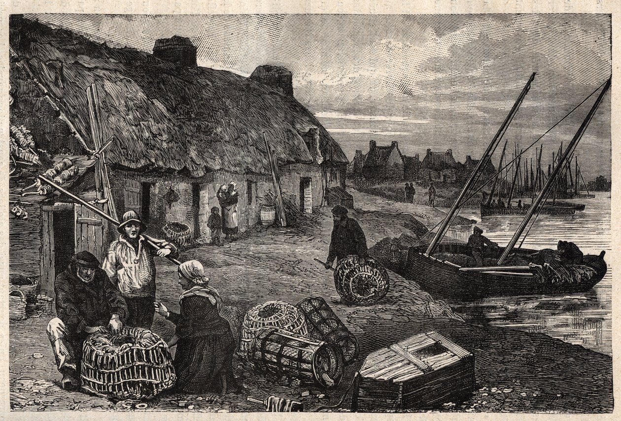 Poucheurs boliger i Concarneau - Finistere - Breatgane - indgravering i "" PATRIE" - PECTURESSE BESKRIVELSE AF FRANKRIG I 6 BIND AF LUCIEN HUARD - slutningen af ​​1800-tallet af Unknown artist