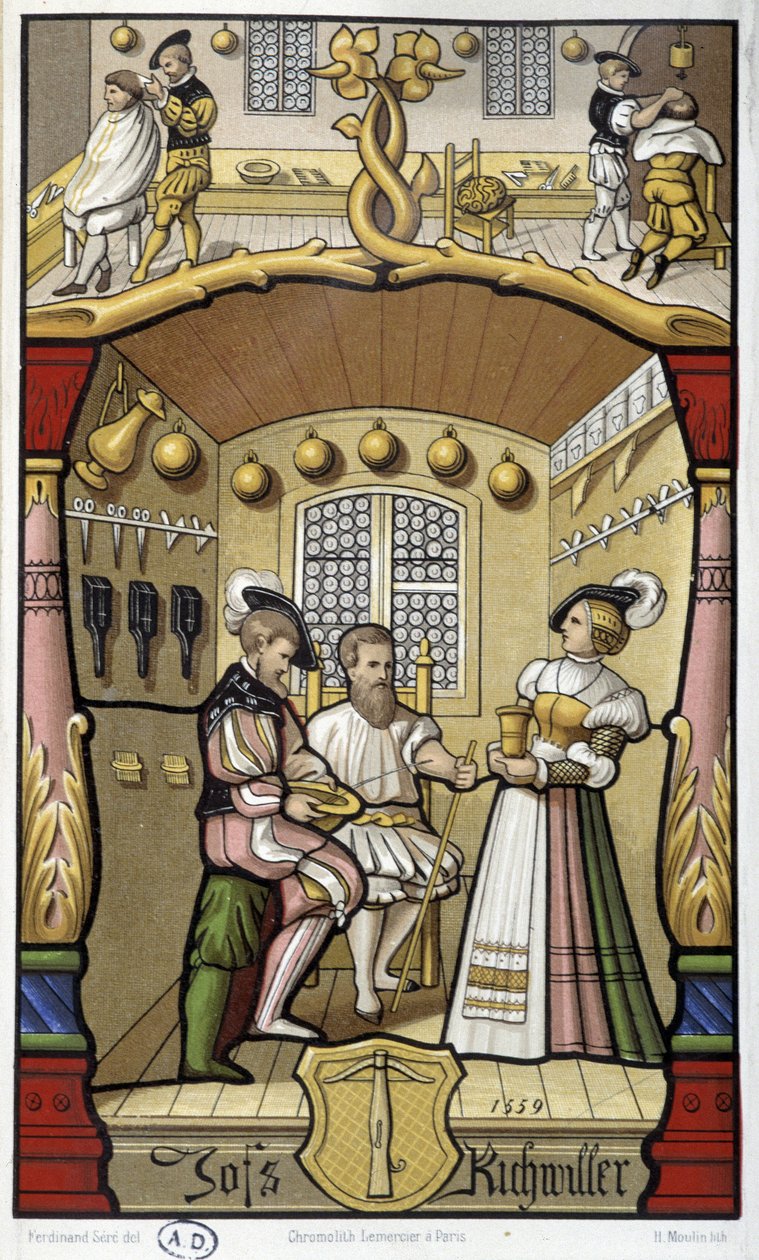 Frisør- og barberscener - faksimile af en miniature fra 1559 af Unknown artist