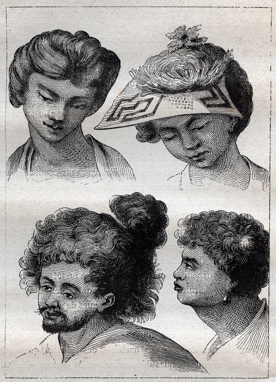 Frisurer af indbyggerne i Taiti (Tahiti) - illustration taget fra "De store søfolk i det 18. århundrede"" af Unknown artist