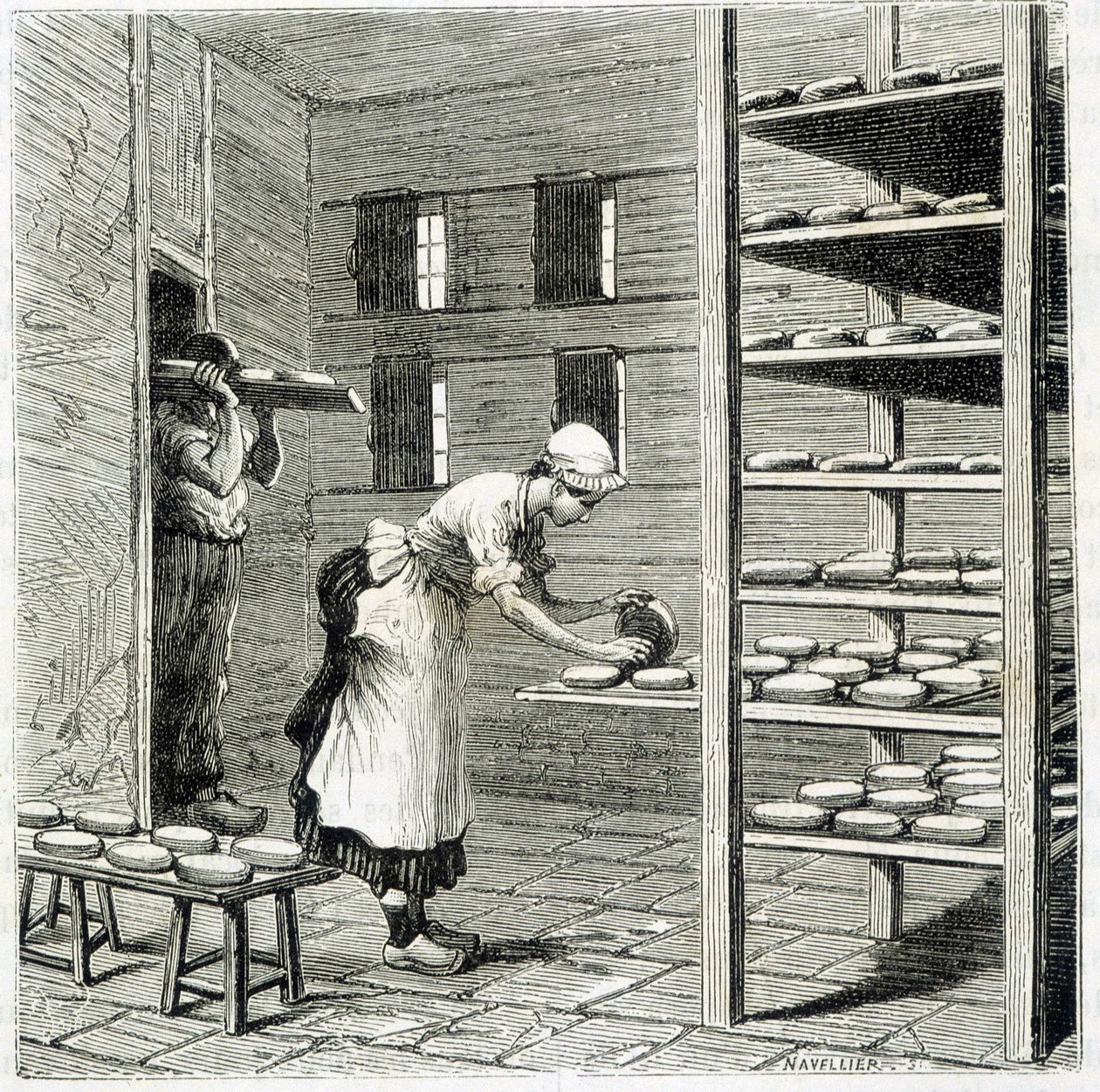 Haloir (eller tørretumbler) til fremstilling af camembertost - i "" Industriens vidundere"" af Louis Figuier af Unknown artist