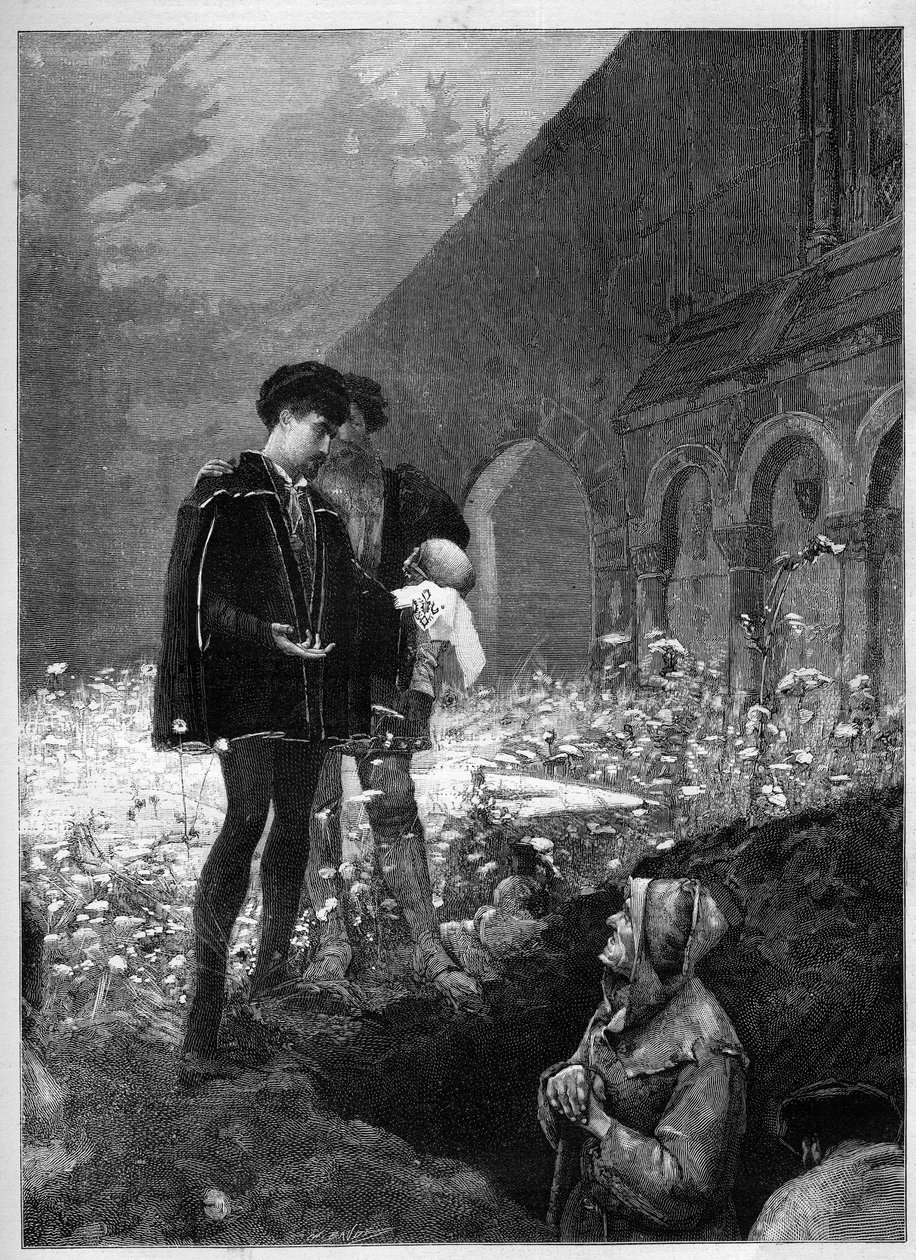 Hamlet på kirkegården efter William Shakespeares eponymspil (1564-1616). Gravering i "" Le Monde Illustré"" af Unknown artist