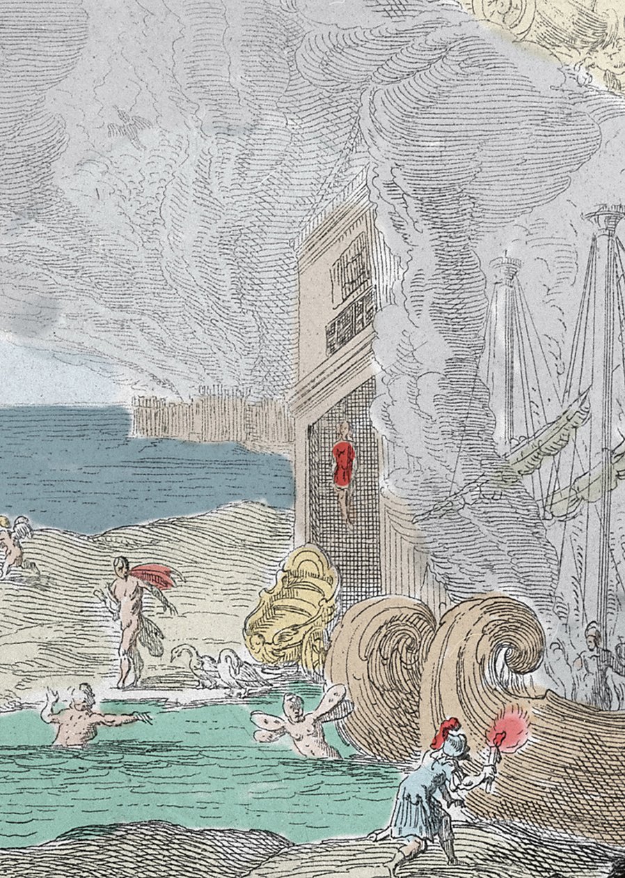 Hængte Iphis frastødt af Anaxarete. Detalje af en illustration taget fra bog XIV af "" Metamorphoses"" (Metamorfosi) af Ovide (43 f.Kr.-17 e.Kr.). Indgravering 1637 af Unknown artist