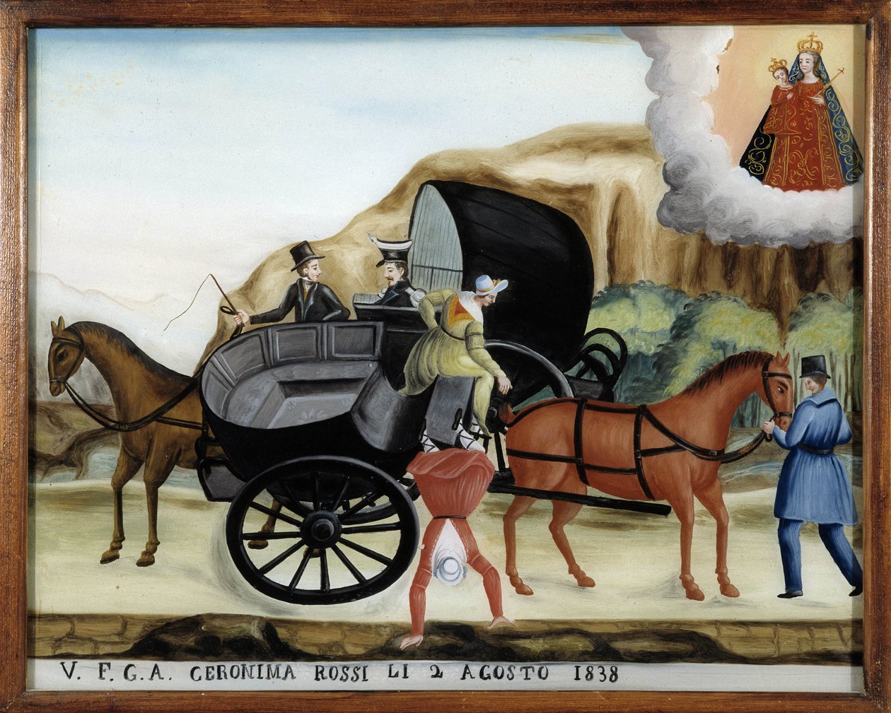 Hængende mellem to vogne og en passagers fald - Maleri på glas, ex-voto af Notre Dame de Laghet af Unknown artist