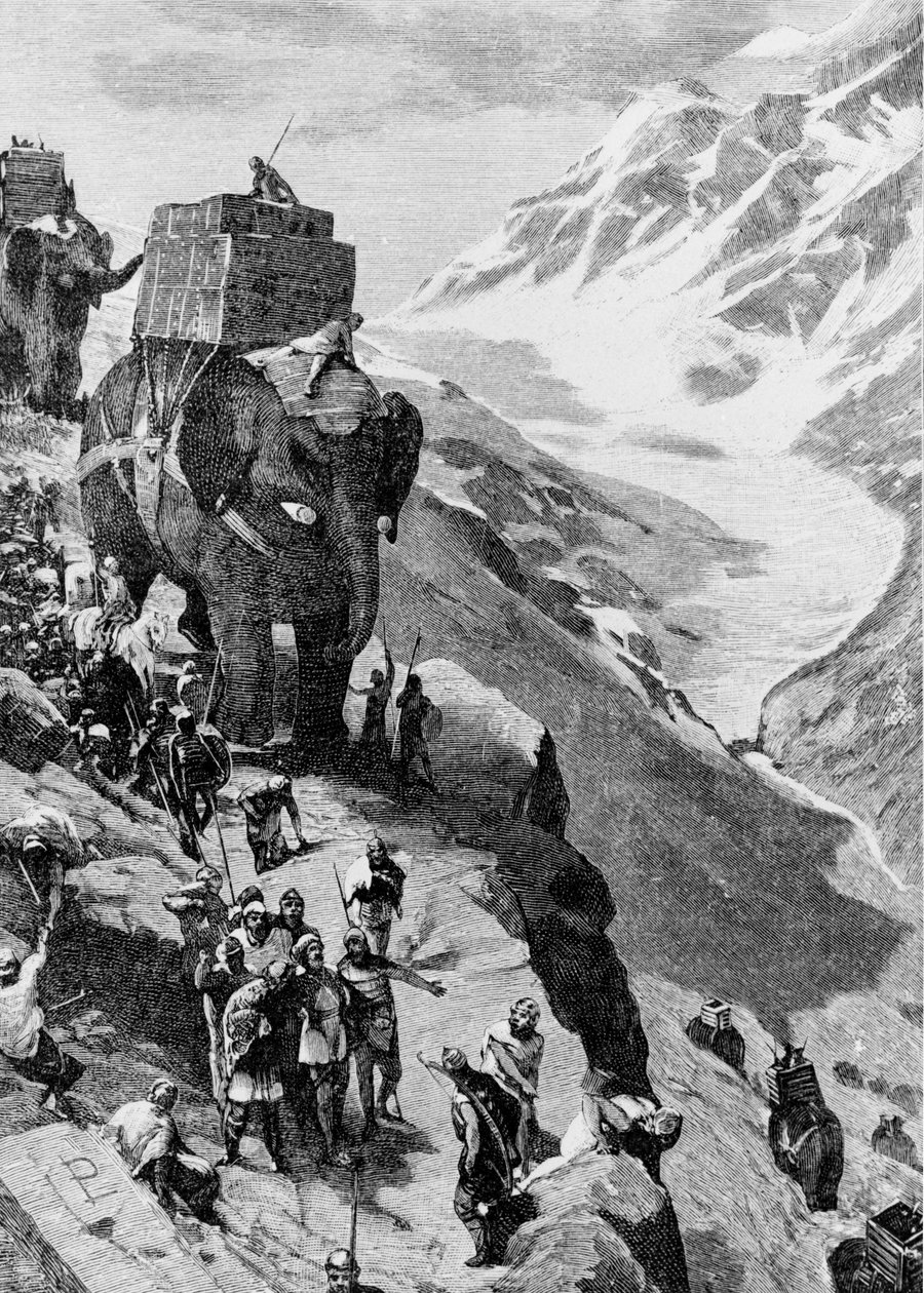 Hannibal krydser Alperne med elefanter for at ankomme til Italien (den anden puniske krig). Indgravering af det 19. århundrede. af Unknown artist