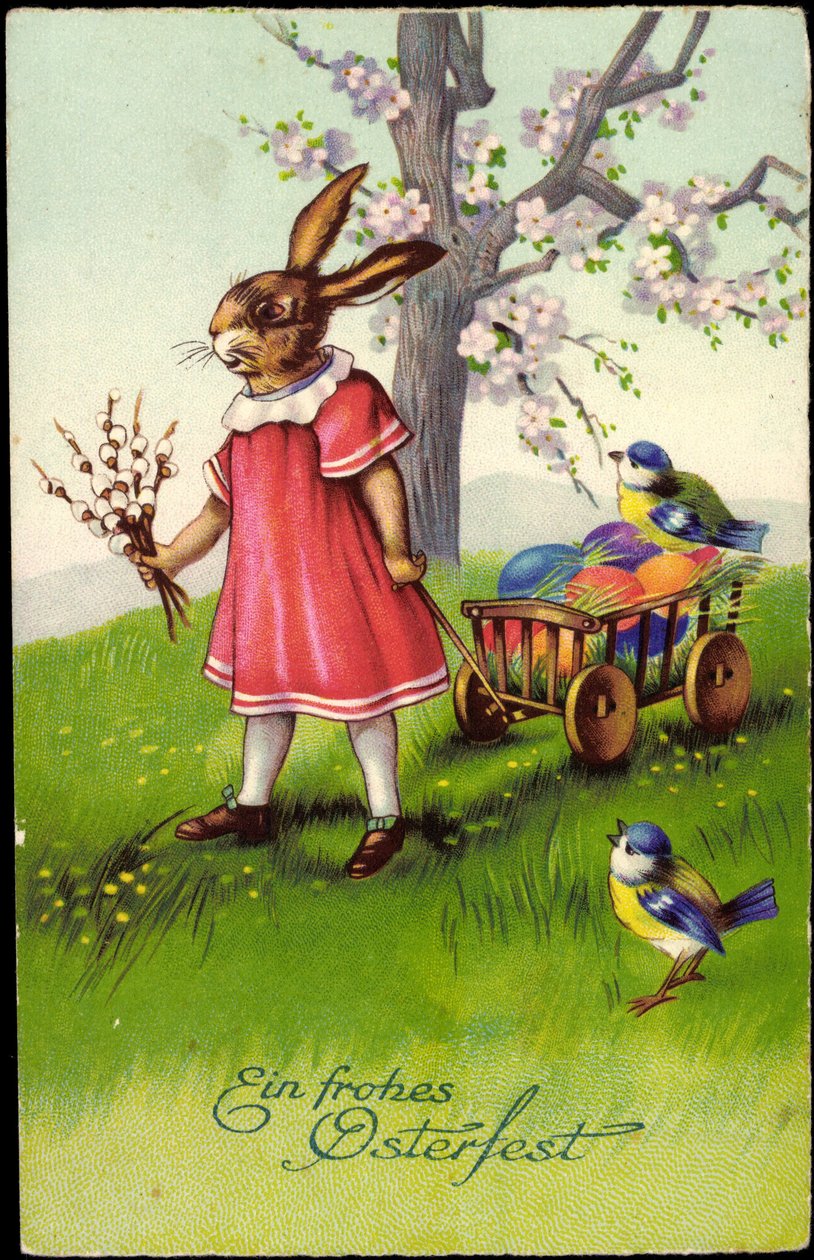 Glædelig påske, påskeharen trækker vogne, påskeæg, spurve af Unknown Artist