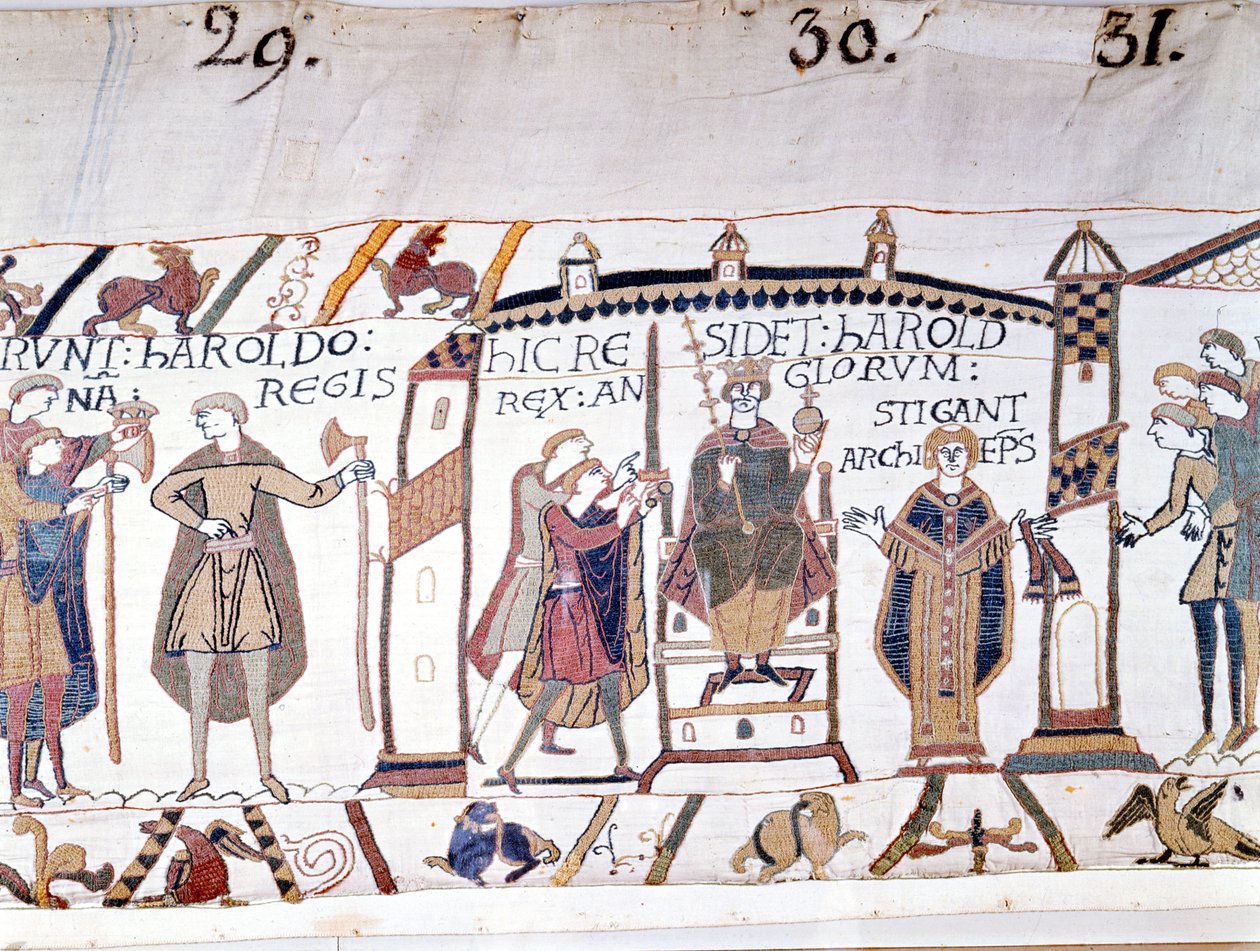 Harold II (1022 - 1066) blev udråbt til konge ved Edward Bekenderens død i 1066, men døde snart i slaget ved Hastings. Bayeux gobelin eller broderi af dronning Mathilde af Unknown artist