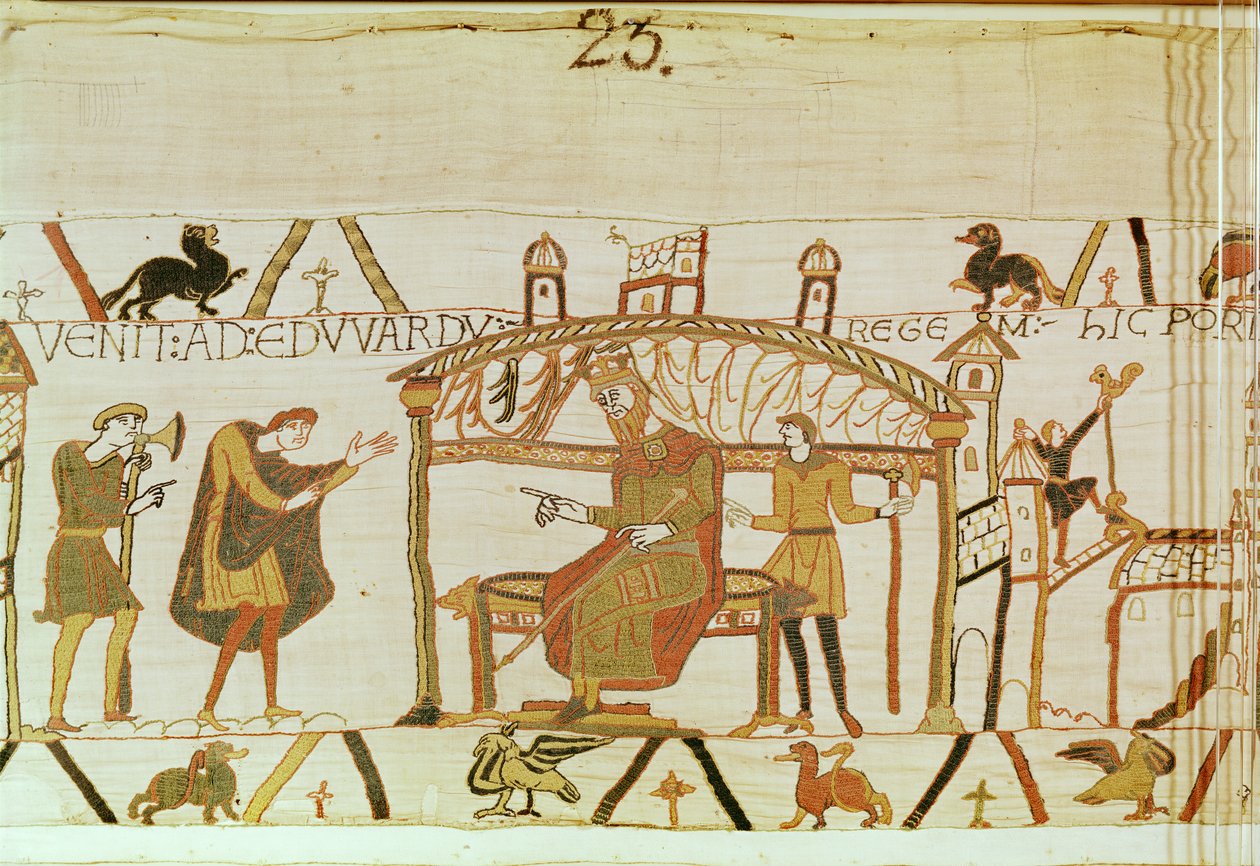 Harold kommer før King Edward, Bayeux Tapestry (uldbroderi på hør) af Unknown artist