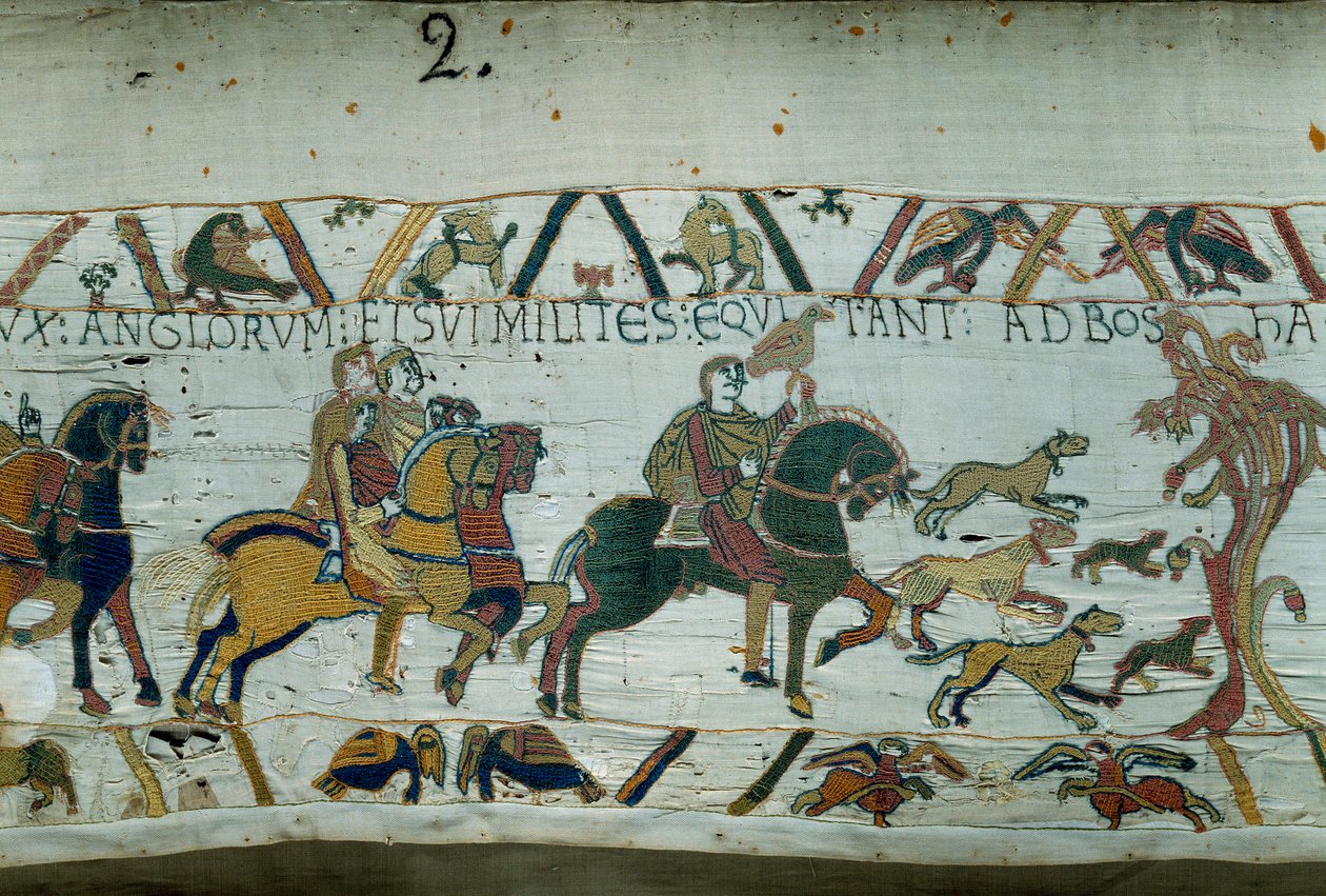 Harold, kommende konge af England, blev sendt af kong Edward Bekenderen for at informere Vilhelm Erobreren (1027-1087), at han ville blive hans efterfølger til den engelske krone. Det går til kysten af Detail Manche of Bayeux Tapestry eller Embroidery of Q af Unknown artist
