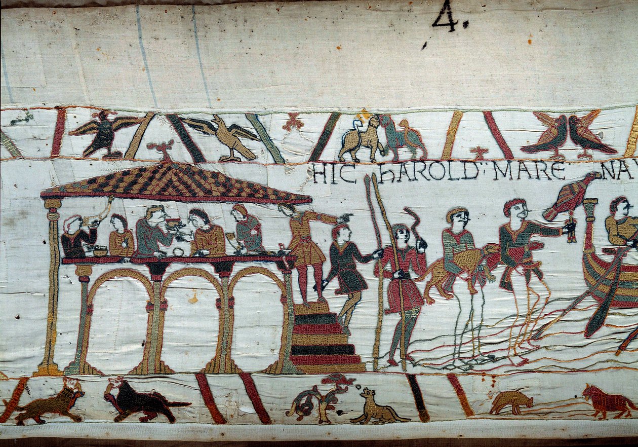 Harold bliver sendt af kongen af England Edward Bekenderen til Normandiet for at informere hertug Vilhelm Erobreren (1027-1087), at han vil være hans efterfølger til Englands krone: det sidste måltid på land inden han går ombord til Normandiets detalje af  af Unknown artist