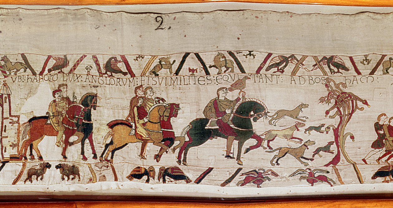 Harold sendes med sine mænd til Normandiet af Edward Bekenderen, Bayeux Tapestry (uldbroderi på hør) af Unknown artist
