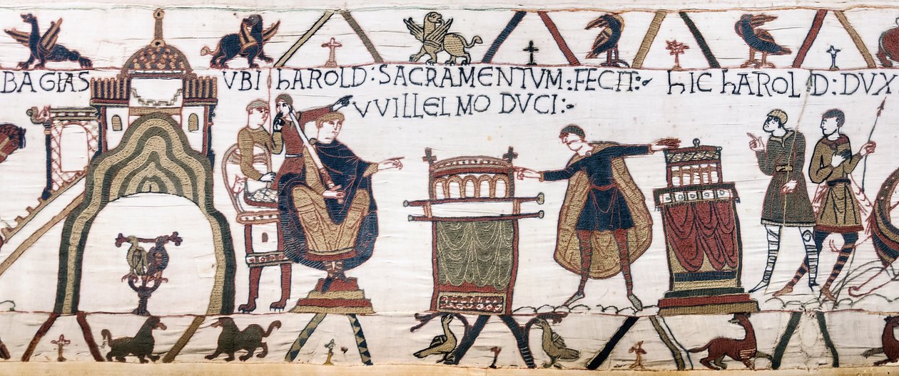 Harold sværger en hellig ed til William i Bayeux, Bayeux Tapestry (uldbroderi på hør) af Unknown artist