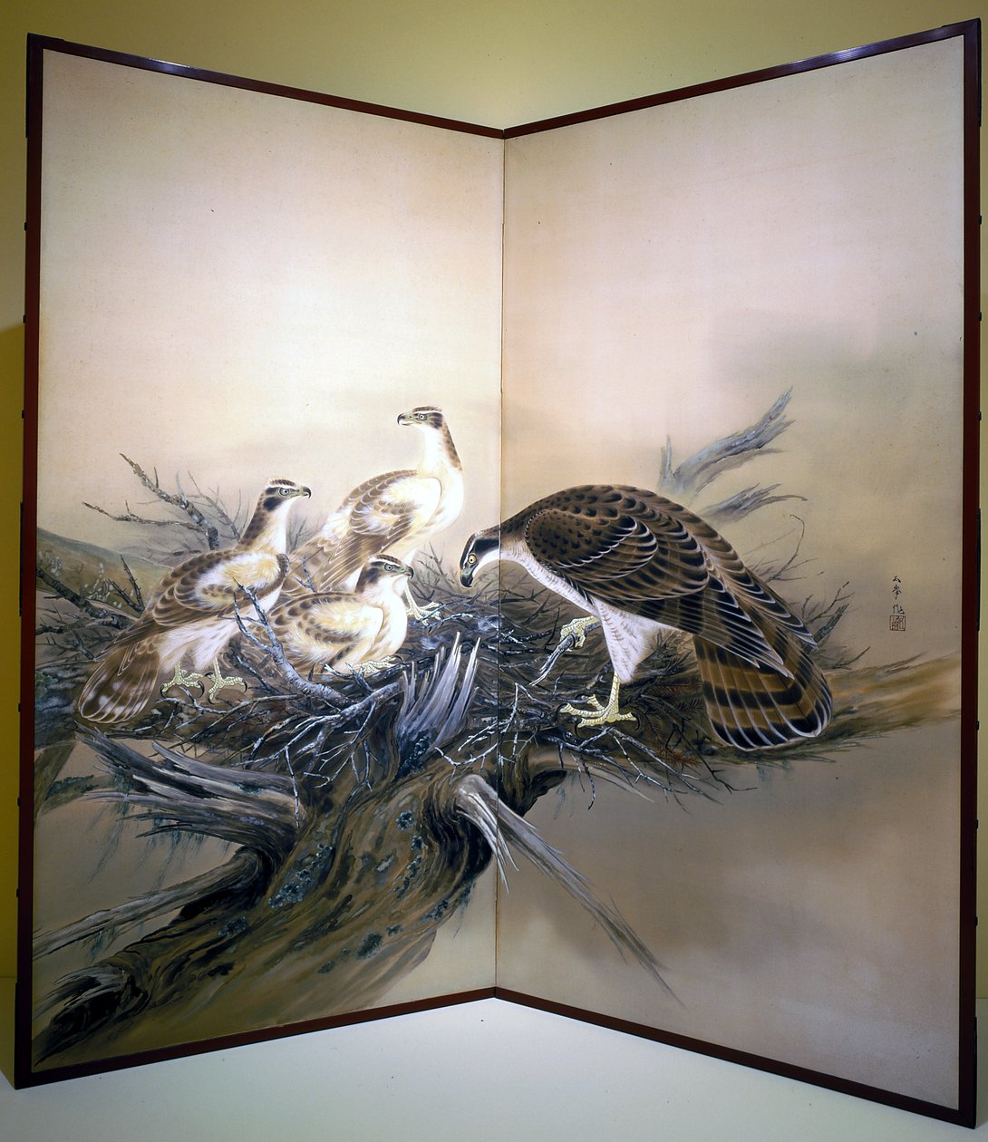 Hawks, Nest And Broken Tree (blæk og farver på silke) af Unknown artist