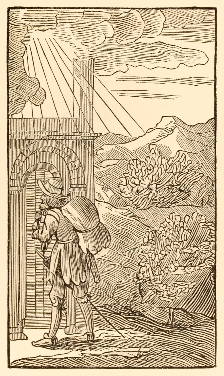 Den, der vil ind, skal først uden at stå og banke på porten... fra The Pilgrims Progress From This World, To That Who Is To Come af John Bunyan (1628-1688) Pilgrimmen når indgangen til af Unknown