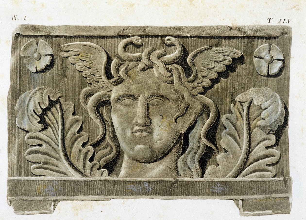 Hovedet af Medusa, en af de tre Gorgones, bas-relief af sten - i "Monumenti Etruschi"". af Unknown artist