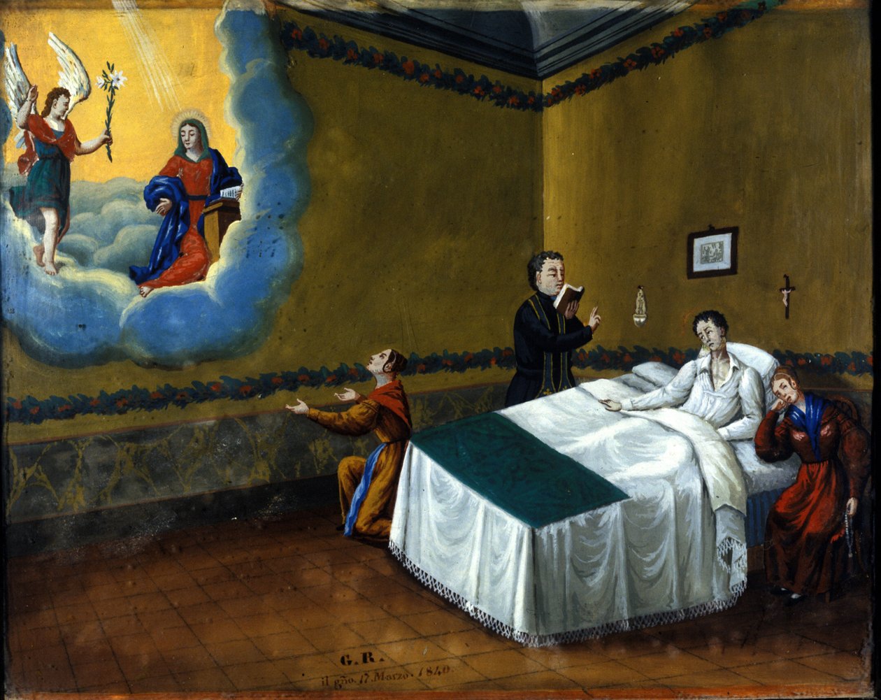 Helbredelse af en syg person. Ex voto fra 1840 fra helligdommen Maria delle Grazie di Monza. af Unknown artist