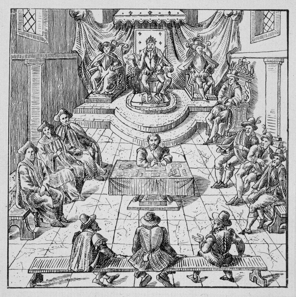 Henri III (1551 - 1589) holdt Estates Génales i Blois i 1576 - i "" Samling af 39 figurer, der repræsenterer ulykkerne i Frankrig fra 1562 til 1586""; Louis Perrin imprimerie af Unknown artist