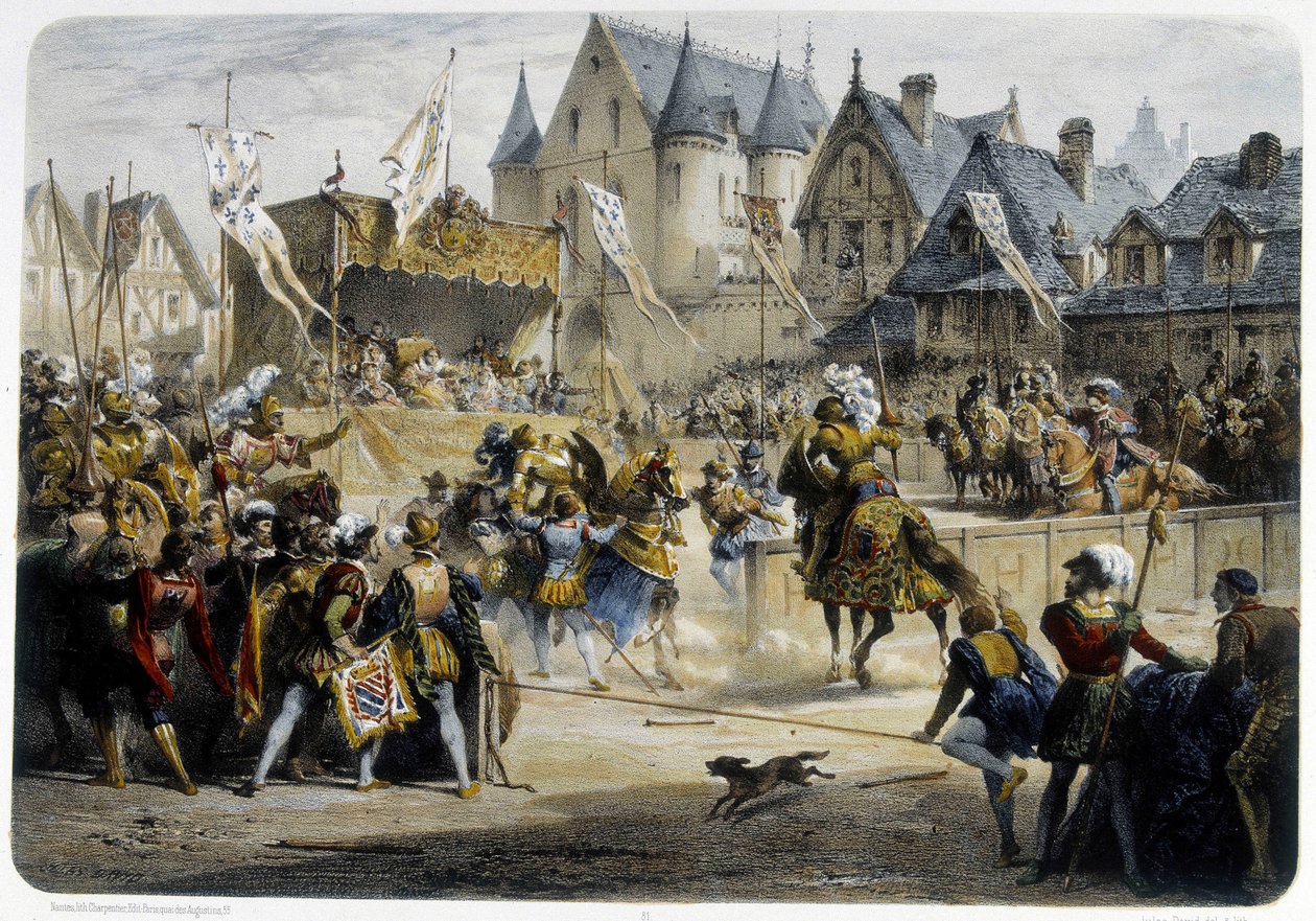 Henri II (1519 - 1559) såret dødeligt af Montgomery under turneringen den 29. juni 1559, rue St Antoine, foran Palais des Tournelles - litografi af Unknown artist