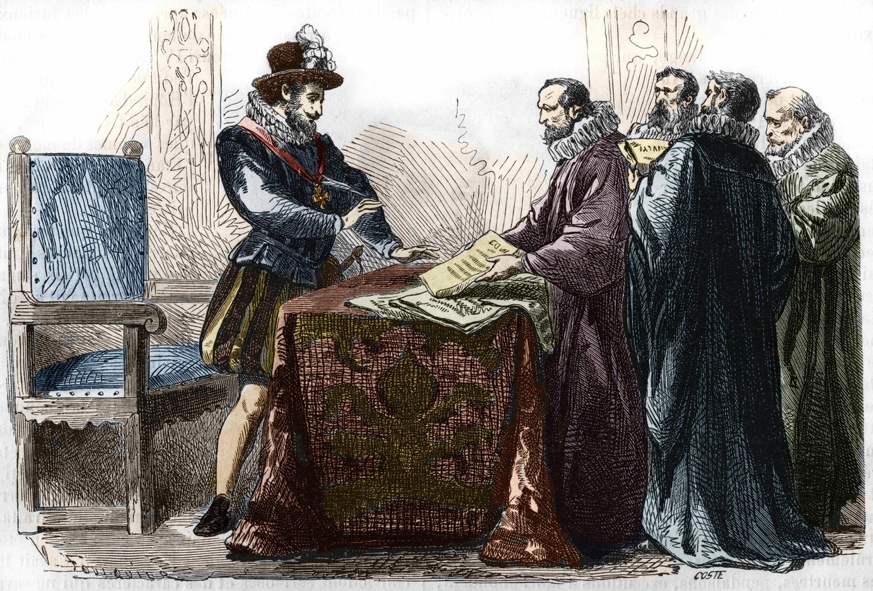 Henri IV (1553 - 1610) underskrev redigeringen af Nantes den 13. april 1598. af Unknown artist