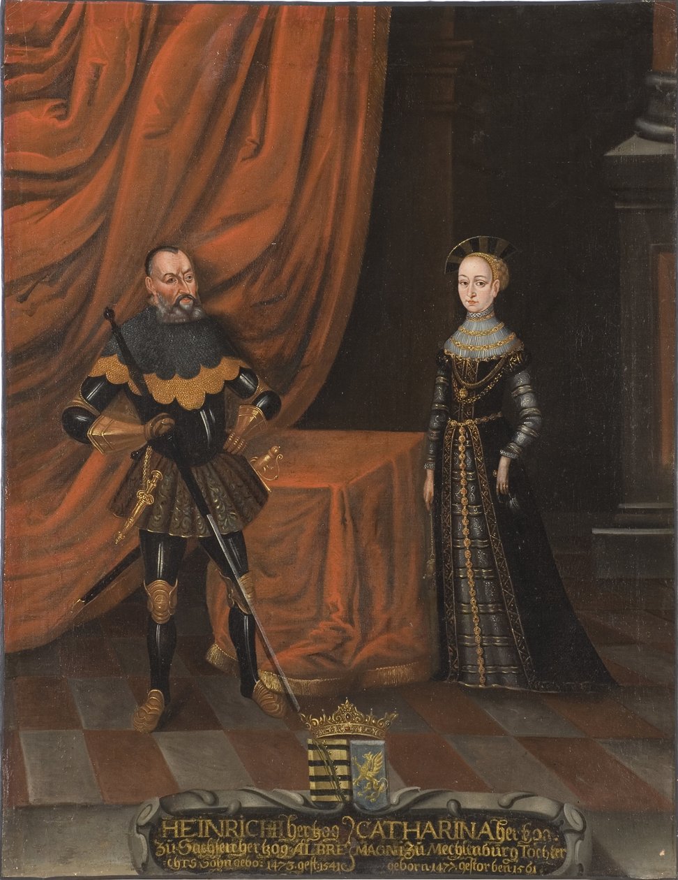 Henri IV de Saxe, dit le Pieux et Catherine de Mecklembourg - Hertug Henrik den fromme (1473-1541) og hertuginde Catherine af Mecklenburg (1487-1561), Anonym . Olie på lærred. Mål: 101,5x79 cm. Nationalmuseum Stockholm af Unknown artist