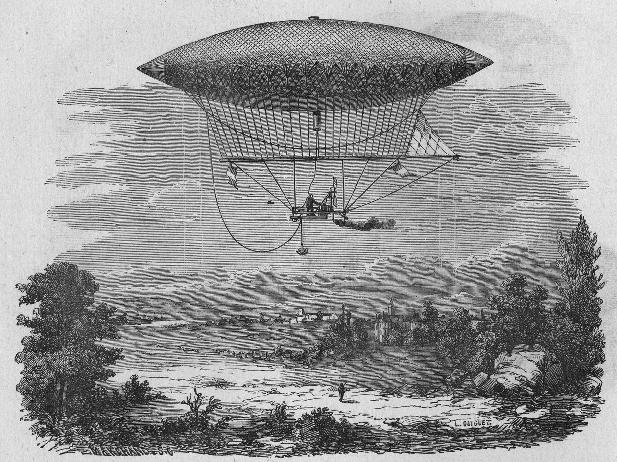Henry Giffard tester en 44 meter lang dampaerostat. I "Album of Science"", Editions Jouvet af Unknown artist