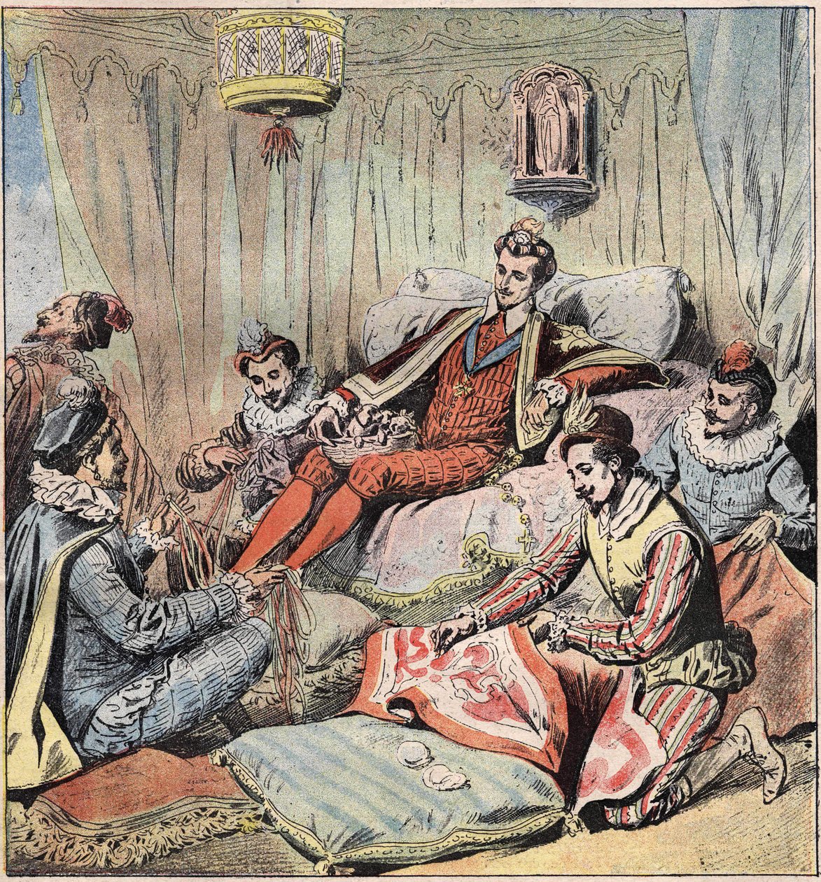 Henrik III (1551 - 1589) og hans søde. Kongen (Henry III; 1551 - 1589) sidder bagerst; har sine fødder Quelus og Maugiron flettede bånd; Schomberg laver et gobelin... af O og Epernon kigger ud af åbningerne, til sidst sætter Chicot sig på en af dørmændene. af Unknown artist