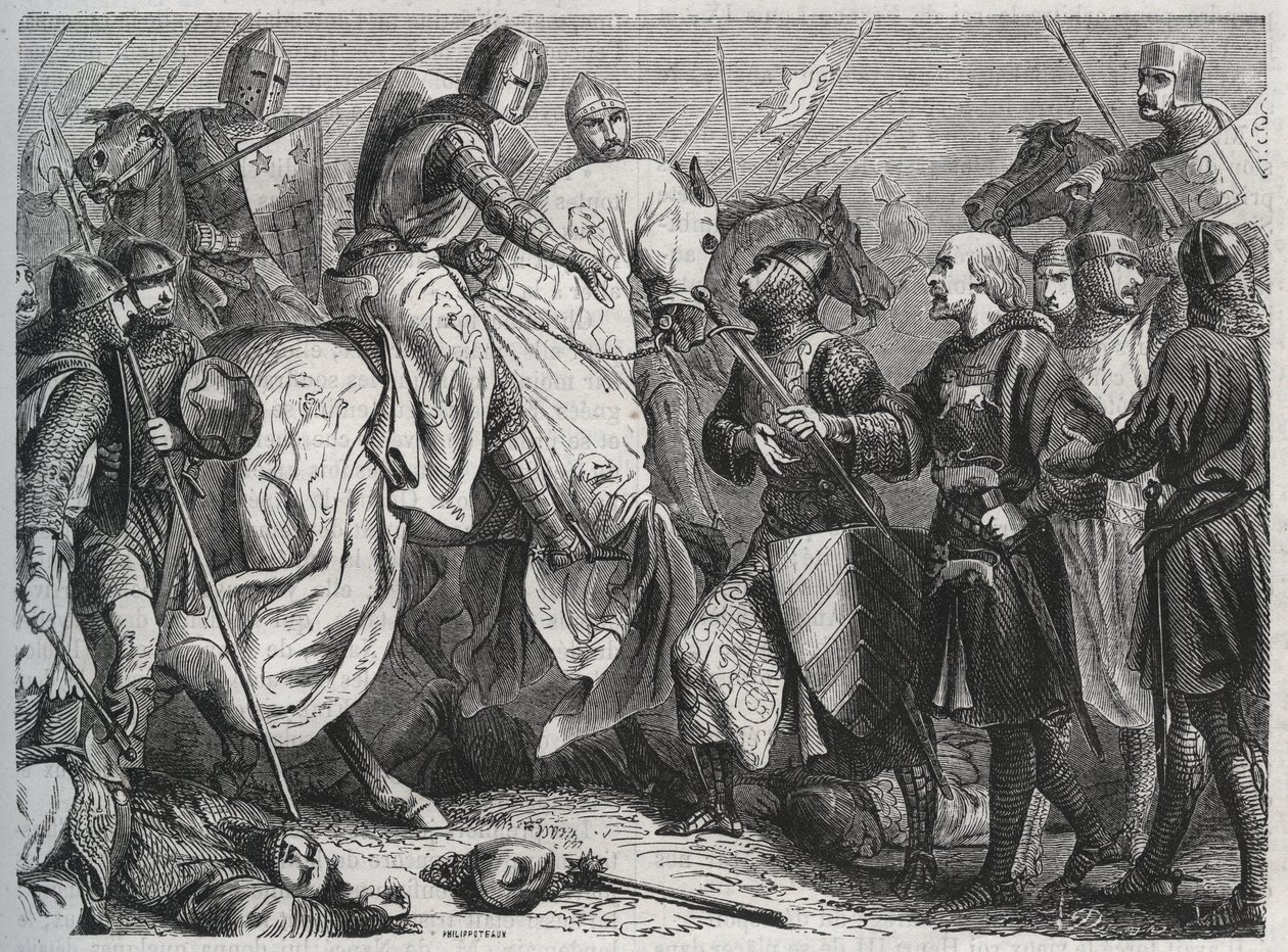 Henry III (Henry III Plantagenet of England) (1207-1272) er fanget af Simon V af Montfort (ca. 1208-1265) ved Lewes i Sussex 1264 - gravering 1864 af Unknown artist