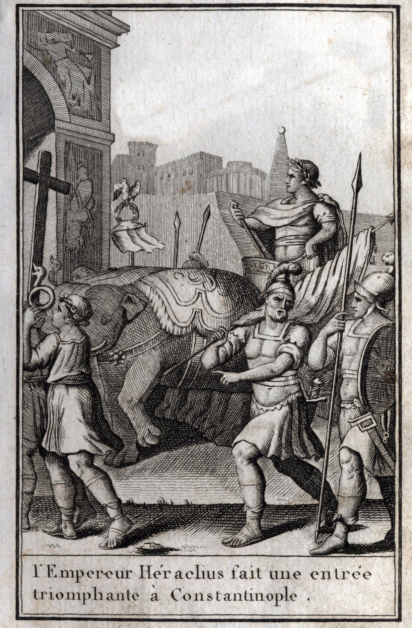 Heraclius I (Flavius Heraclius, Herakleios (ca. 575-610/641), byzantinsk kejser, gjorde en triumferende indgang til Konstantinopel. Han klatrede op på en vogn nået af fire elefanter og bragte det sande kors (det hellige kors), som var blevet taget, foran h af Unknown artist