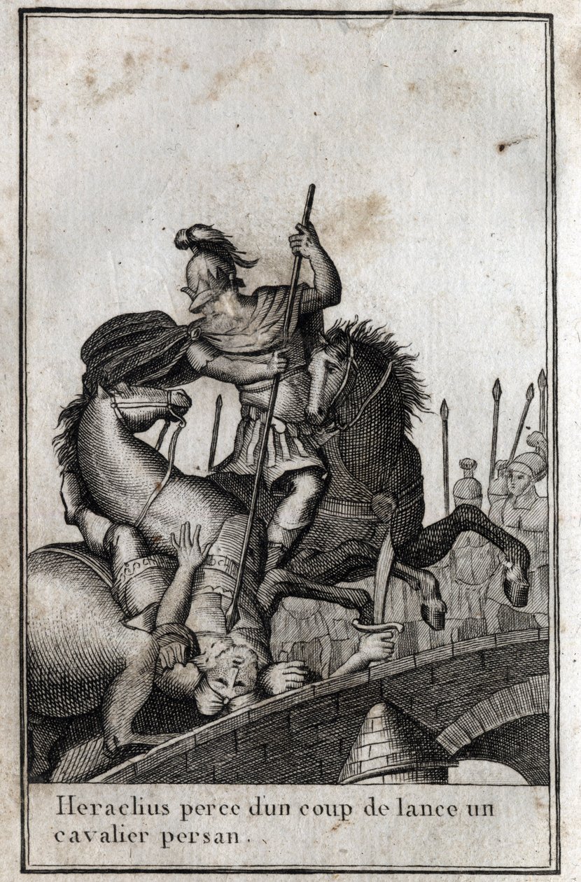 Heraclius I (Flavius Heraclius, Herakleios (ca. 575-610/641), byzantinsk kejser, spyd en persisk rytter (krig mod perserne), 7. århundrede. Indgravering i "Beaute de l