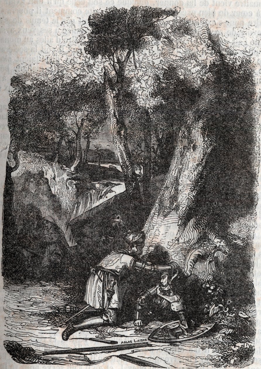 Hermonides væltet og reddet af Zerbin - 1851 gravering fra "" Furious Roland"" (Orlando furioso) (1500-tallet) af Ludovico Ariosto, kendt som Ariosta - Udgave oversat fra italiensk af greven af Tressan og udgivet af Gustave Harvard 1851 af Unknown artist