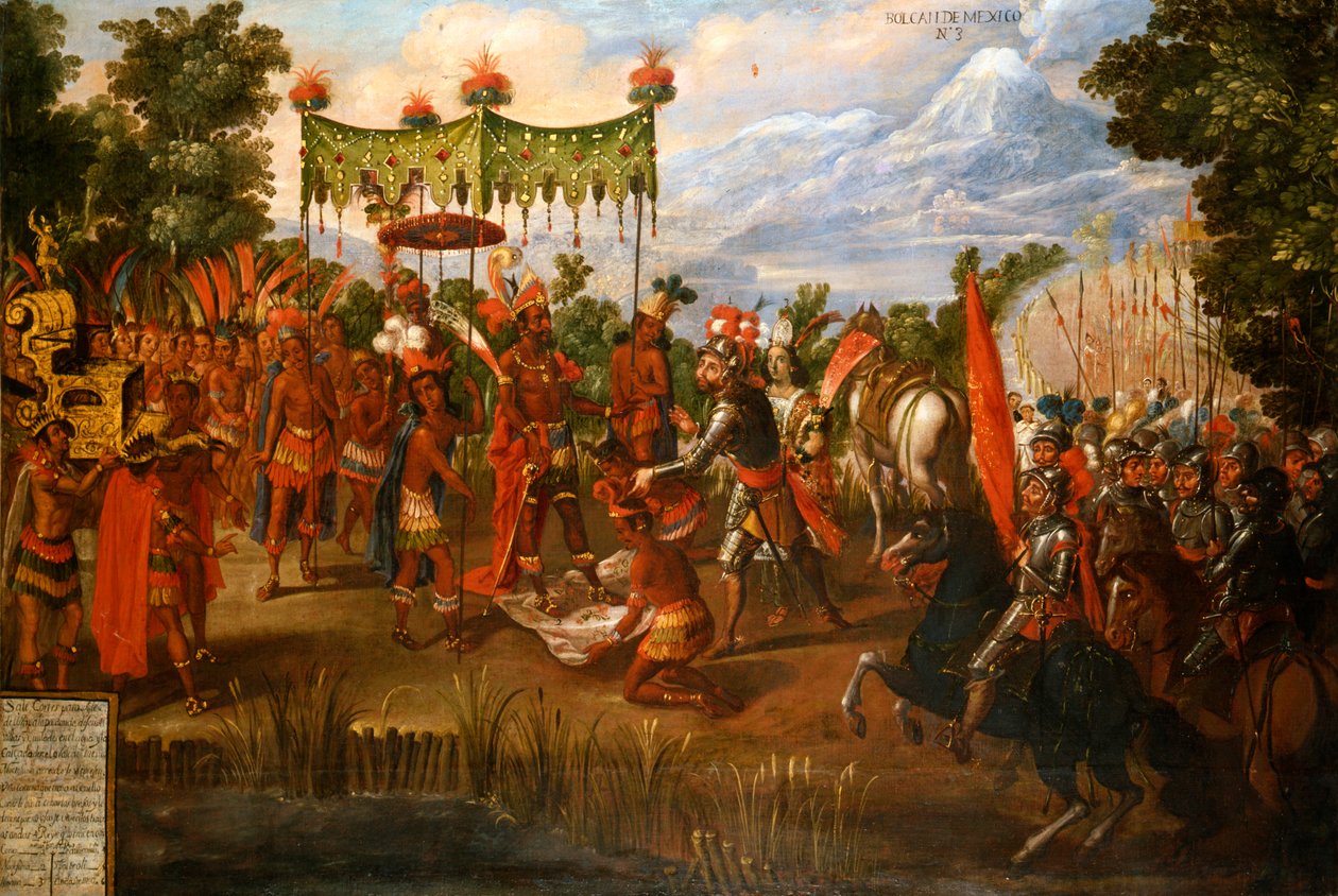 Hernan Cortes møder kejser Moctezuma af Unknown artist