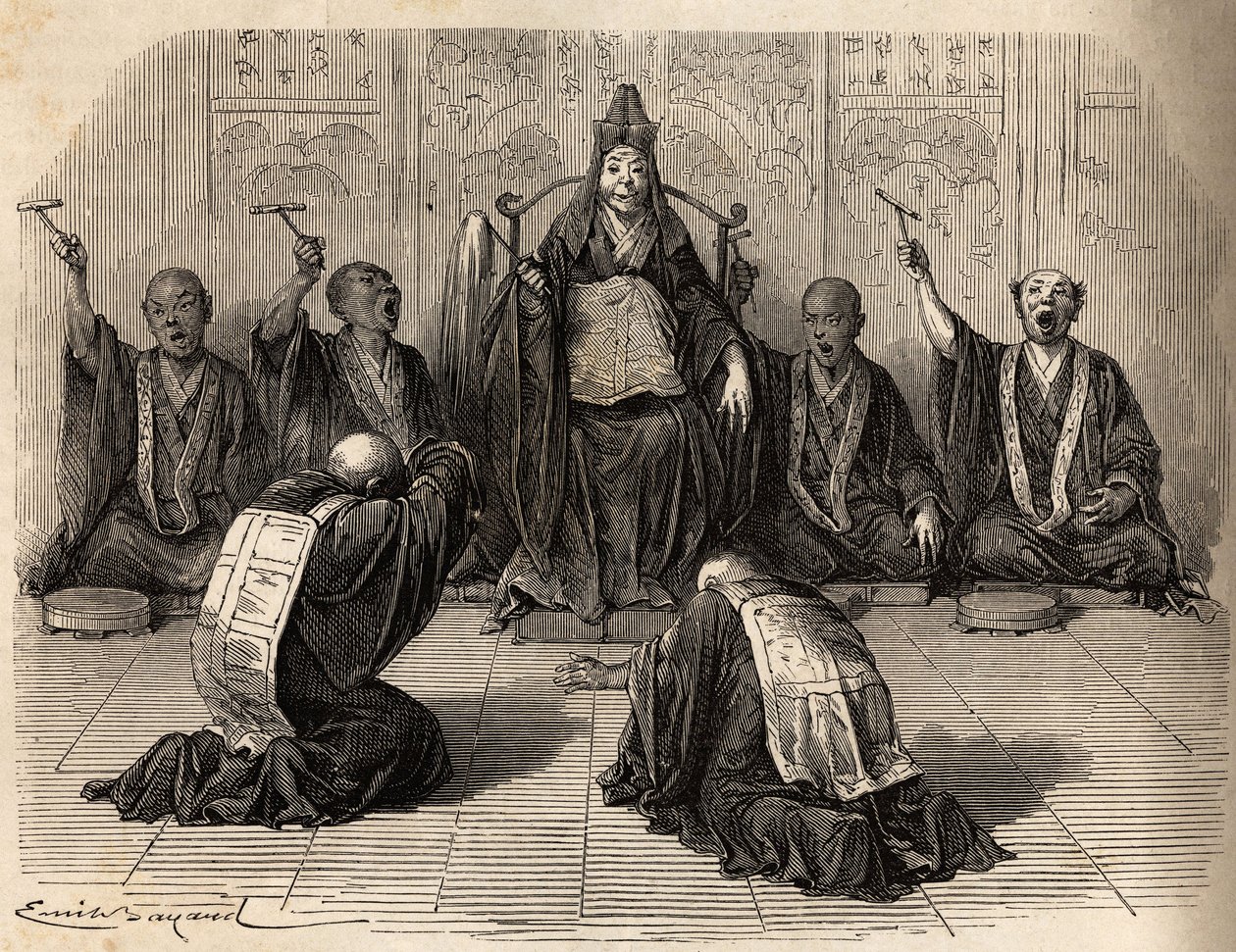 Højbuddhistisk præst bliver tilbedt, omgivet af sine disciple, der rytmerer ritualet med gong og cymbaler. Indgravering til illustration af rejsen til Japan i 1863-1864 af Aime Humbert, minister for Det Schweiziske Forbund, i "Le tour du monde, nouveau jou af Unknown artist