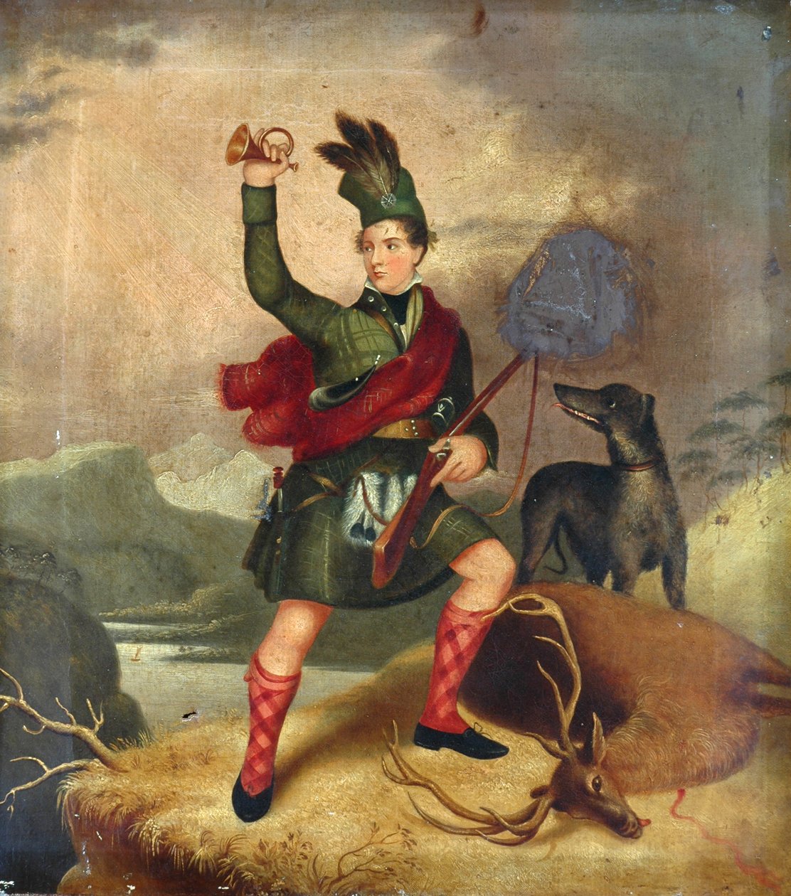 Højlandsjæger med hund og døde hjorte, ca. 1850 af Unknown