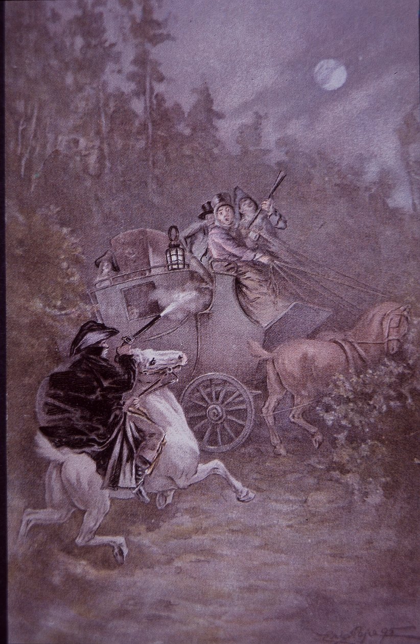 Highwayman holder diligence op i det tidlige 19. århundrede (farve litho) af Unknown artist