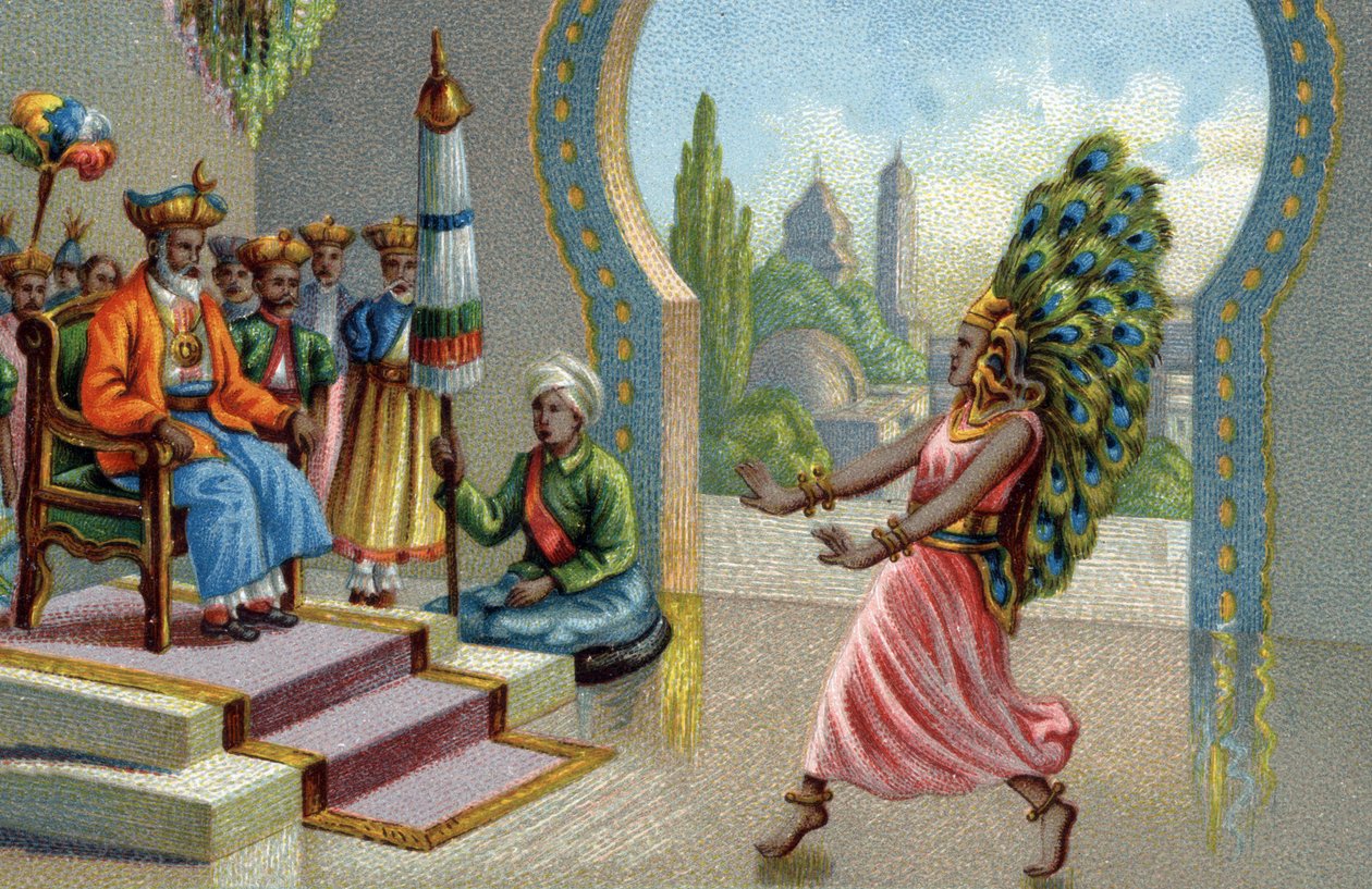 Hindu-danser prydet med påfuglefjer: indbyggerne pynter sig med påfuglefjer eller laver eventtails. Kromolitografi af det 19. århundrede af Unknown artist