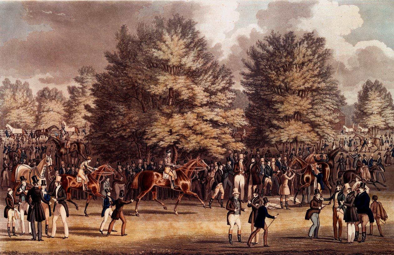Hippisme: forberedelsen før løbet i Epsem, England. Litografi af 1836 Privatsamling af Unknown artist