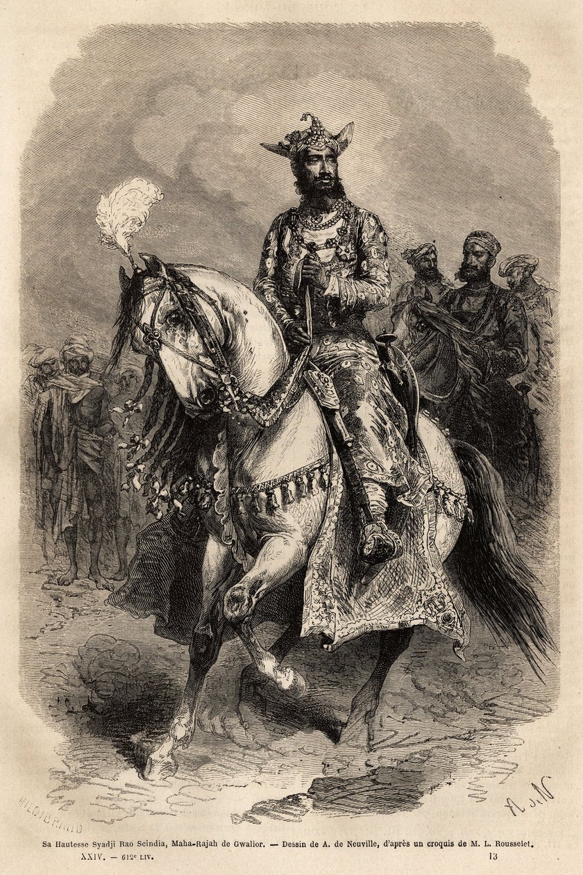 Hans Højhed Syadji Rao Scindia (1846-1886), Maharajah af Gwalior (nuværende Madhya Pradesh). Gravering til illustration af Rajahernes Indien, af Louis Rousselet, i 1864-1868, udgivet i "" Le tour du monde""" 1872, redigeret af Edouard Charton, Hachette edi af Unknown artist