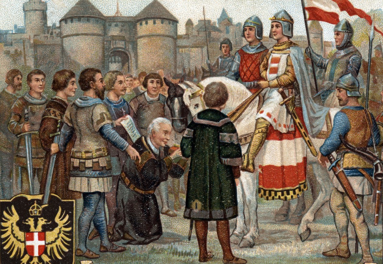 Historiske episoder af berømte byer: Rudolf af Habsburg (Rodolf I af Det Hellige Rige 1218-1291) tog Wien i besiddelse (1276). Rodolph I var romernes konge og ved at tage byen Wien i besiddelse grundlagde han Habsburgernes magt. Chromol af Unknown artist