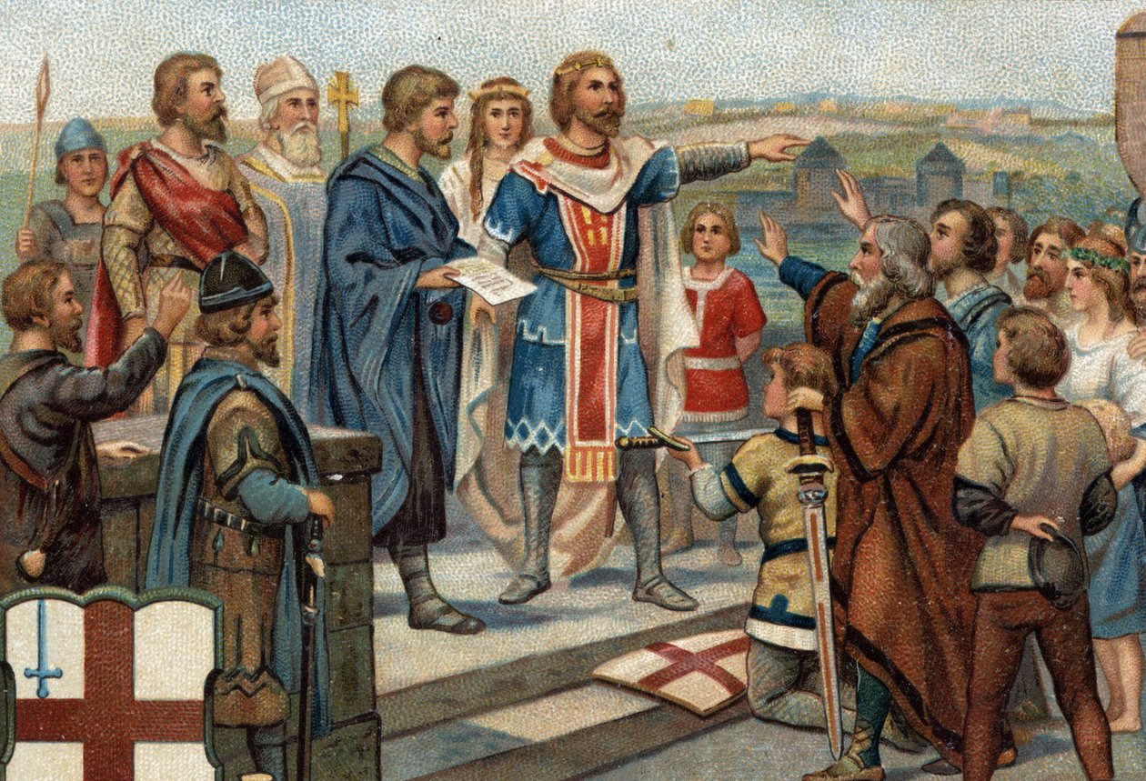 Historiske episoder af berømte byer: Alfred den Store (849-899) returnerer London til sine tidligere indbyggere (886), "Freden for Alfred og Guthrum" markerede angelsaksernes sejr mod danskerne (= viking). Kromolitografi af det 19. århundrede. af Unknown artist