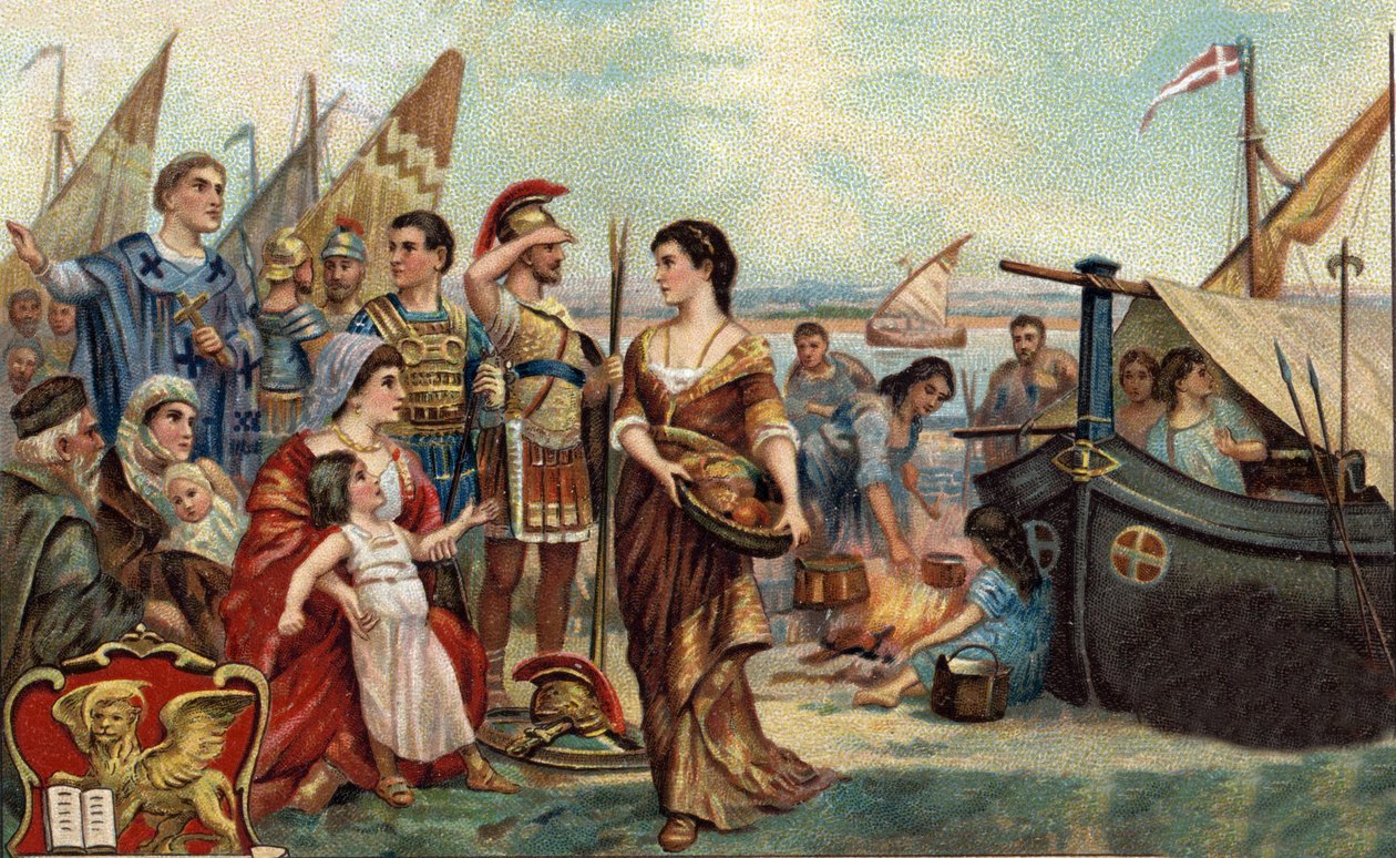 Historiske episoder af berømte byer: Veneter jaget af hunnerne indtager lagunerne (i 452). Det er grundlaget for Venedig - Barbarian Invasions - Chromolithography i det 19. århundrede. af Unknown artist