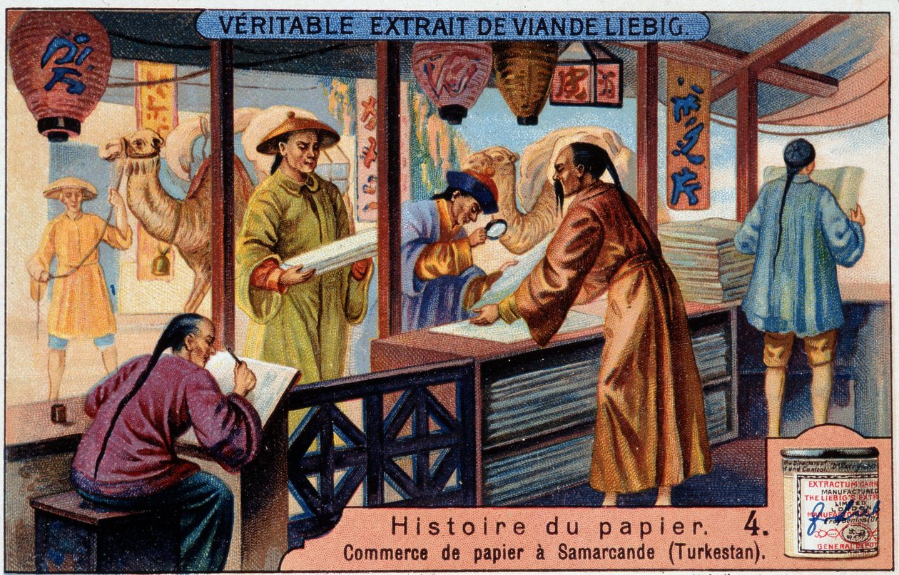 Papirets historie. 4. Papirhandel i Samarkand (= Samarkand) (Turkestan). Liebig kromolitografi af Unknown artist