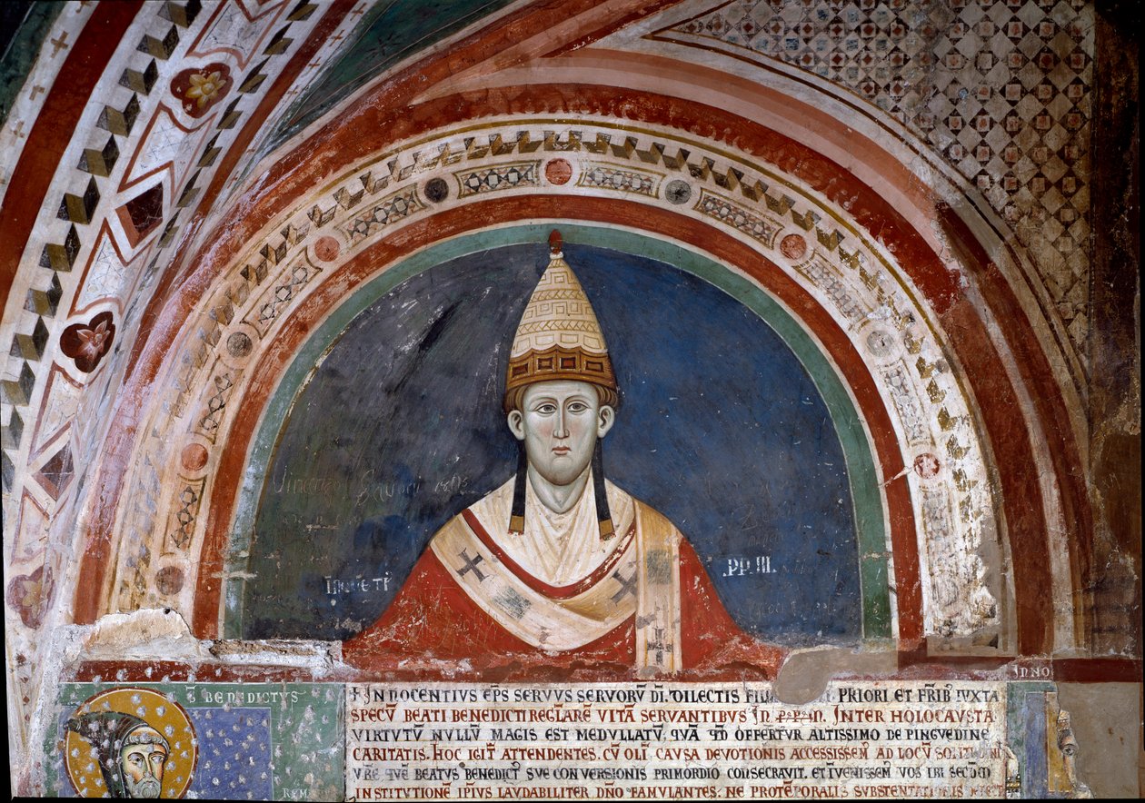 Historien om den hellige Frans af Assisi: repræsentation af pave Innocenzo III, der viser boblen, der bekræfter det franciskanske styre i 1210 (fresko) af Unknown artist