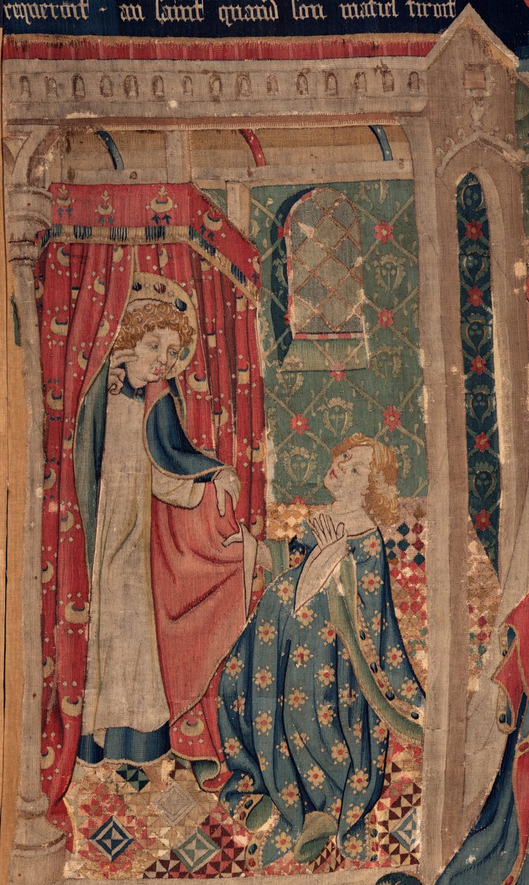 Historien om Saint Piat og Saint Eleuthère, Scene 11: Sankt Eleuthères fristelser (Tribunedatteren skal dø, så hun ikke kan opnå den vanvittige kærlighed, som helgenen kræver, når hans kappe trækker). Detalje. af Unknown artist