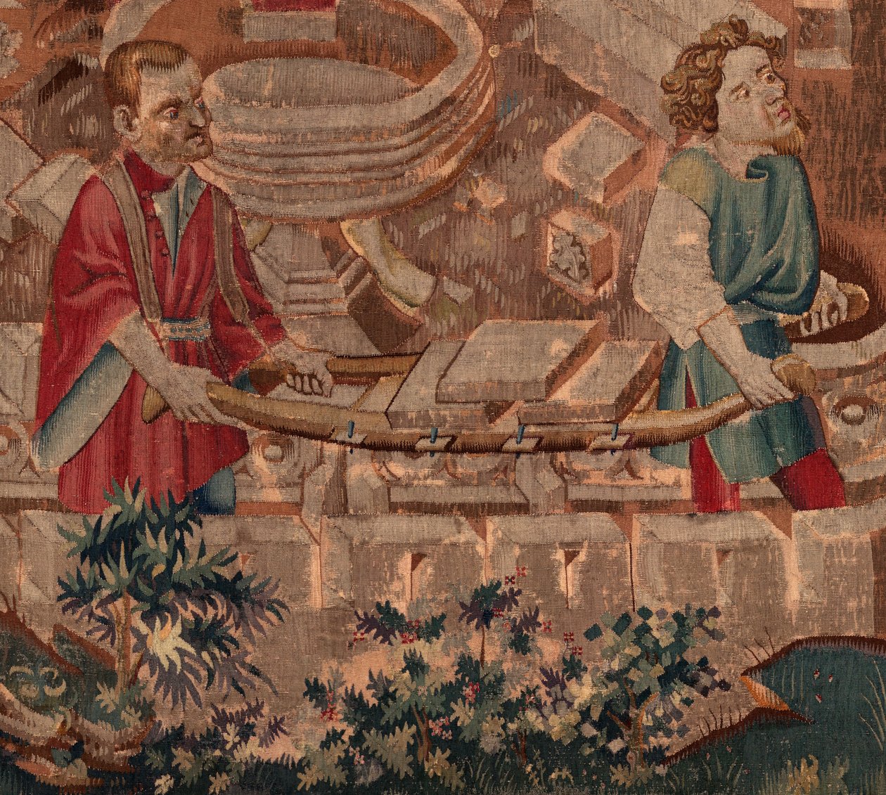 Historien om Saint Piat og Saint Eleuthère, scene 5 detalje. Nedre del. Murere, der transporterer sten. af Unknown artist