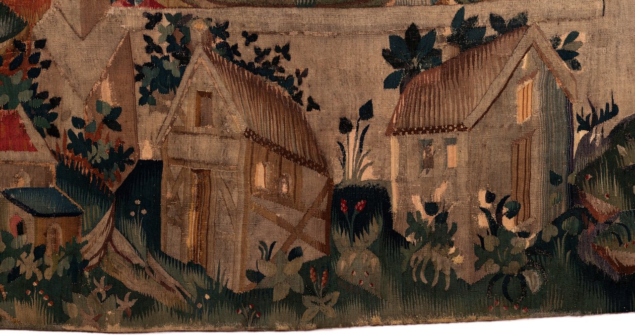 Historien om Saint Piat og Saint Eleuthère, Scene 7 dåb af de eksilkristne, Detalje nederst. To huse. af Unknown artist