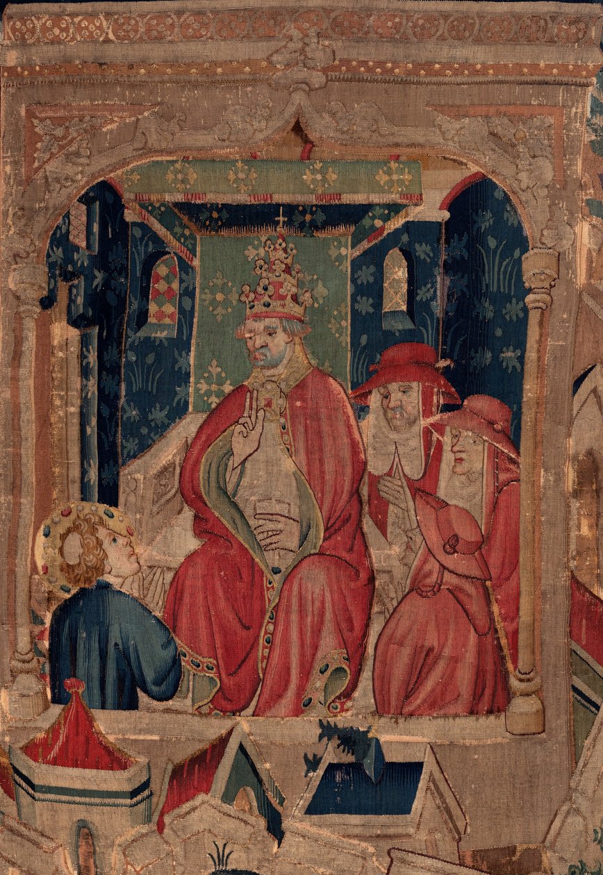 Historien om Saint Piat og Saint Eleuthère, scene 9 Saint-Éleuthère er bekræftet som biskop af Tournai Detalje midt. Scenen med paven. af Unknown artist