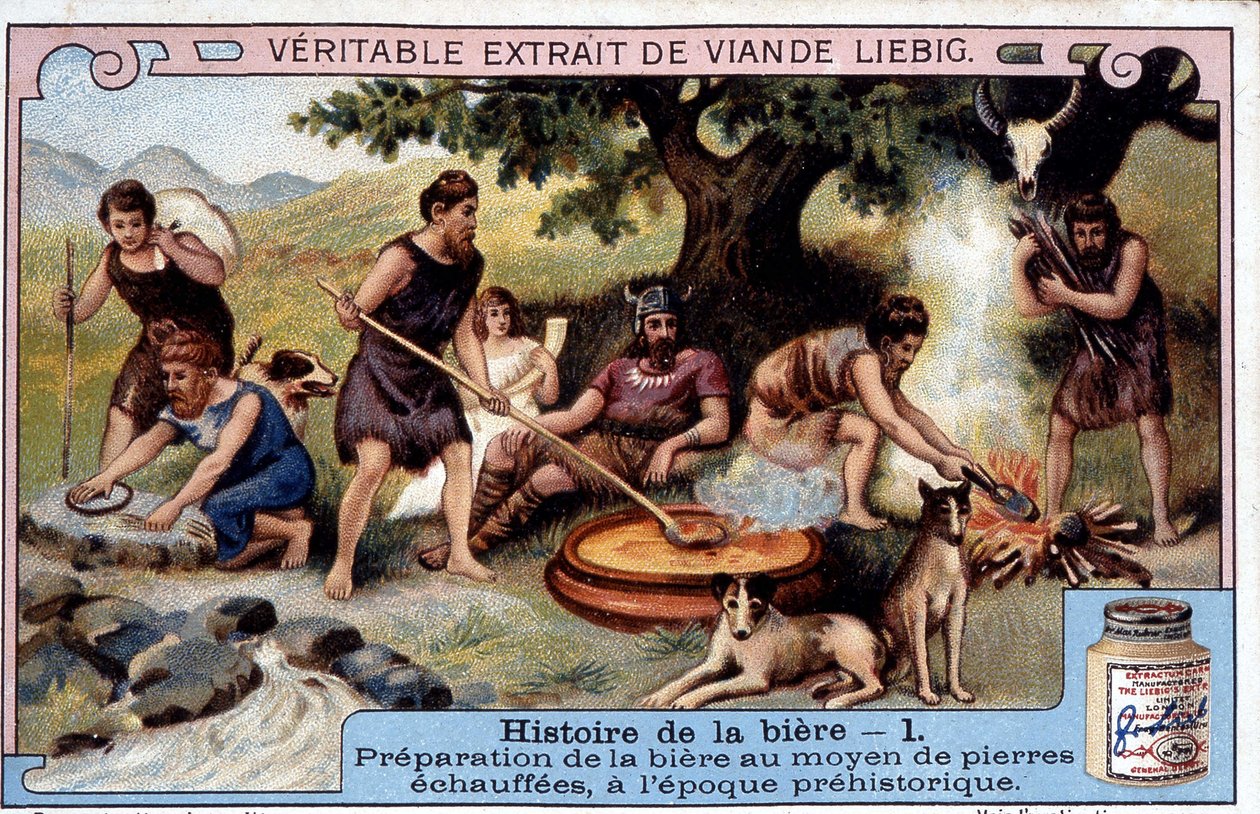 Ølhistorie: tilberedning af øl med varme sten i forhistorisk tid - Liébig¿ reklameklistermærke af Unknown artist