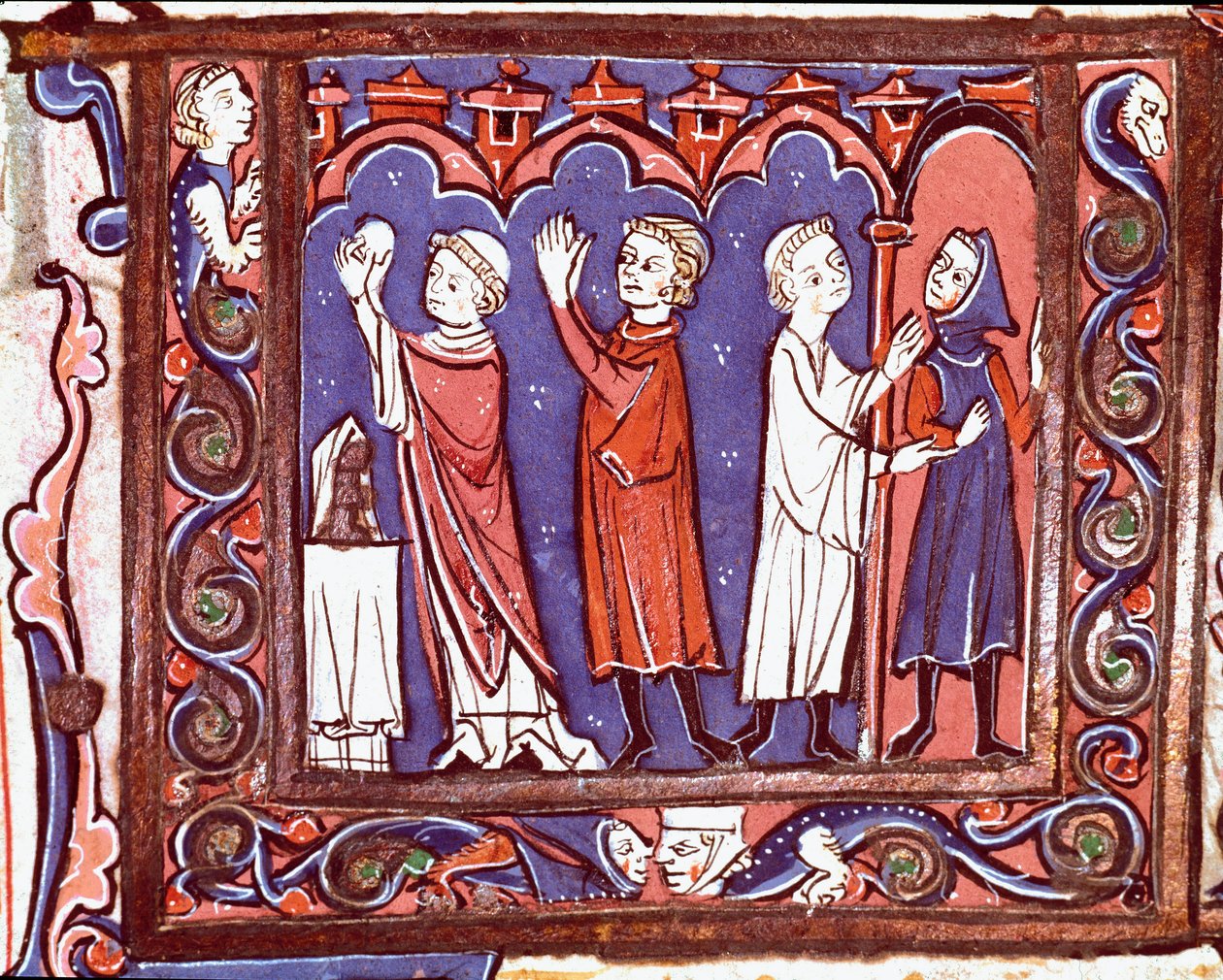 Den kanoniske lovs historie: "" scene for nadver (venstre) og ekskommunikation (højre)"" Miniature taget fra "" Decretales"" af Giovanni d