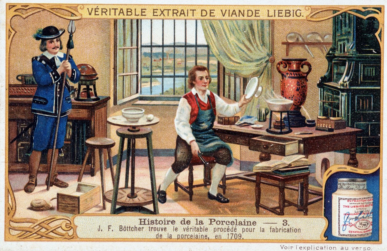 Porcelæns historie: Johann Friedrich Bottger (Bottcher eller Bottiger) (1682-1719) finder den sande metode til fremstilling af porcelæn i 1709 - Liebig-kromolitografi af Unknown artist