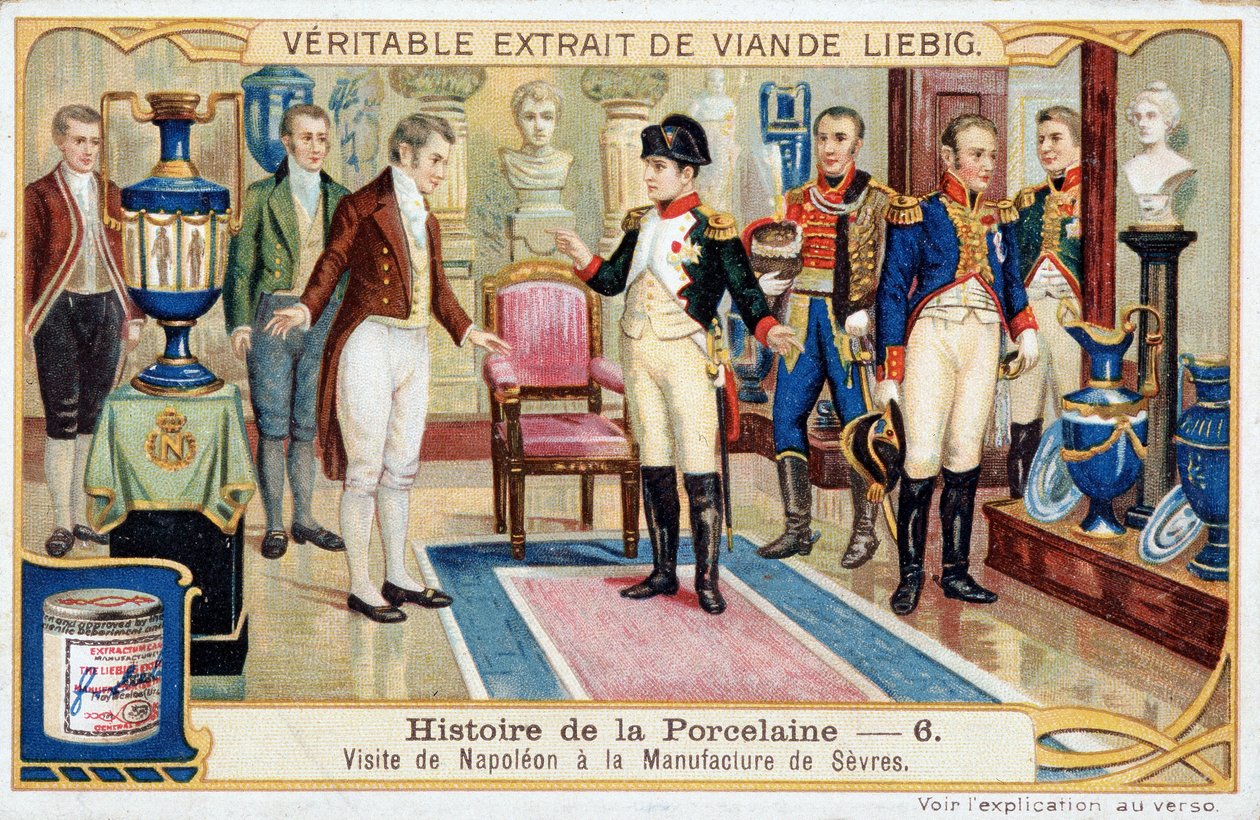 Porcelænets historie: Besøg af Napoleon Bonaparte (1769-1821) til fremstillingen af Sevres - Liebig-kromolitografi af Unknown artist